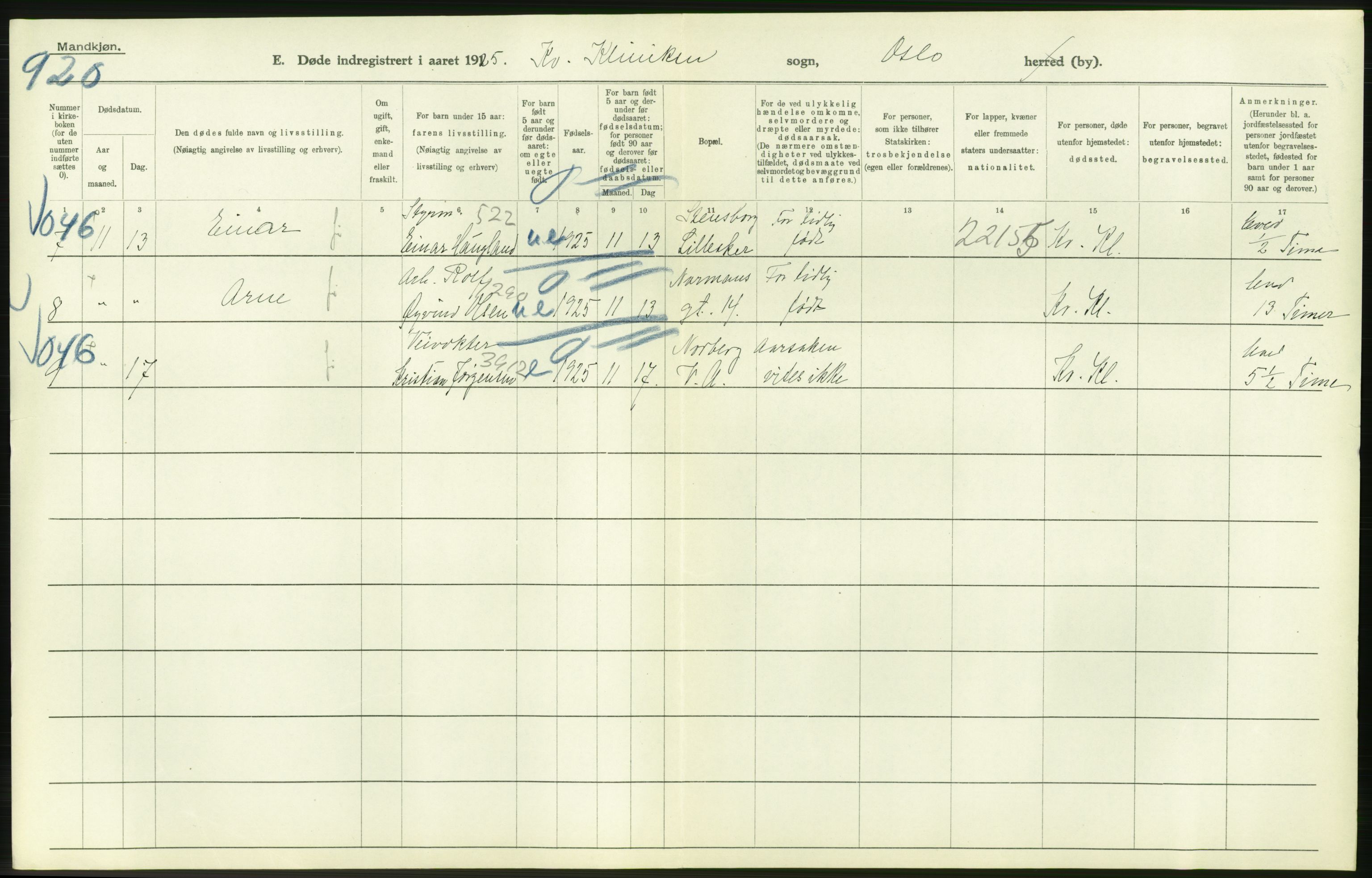 Statistisk sentralbyrå, Sosiodemografiske emner, Befolkning, AV/RA-S-2228/D/Df/Dfc/Dfce/L0009: Oslo: Døde menn, 1925, s. 444