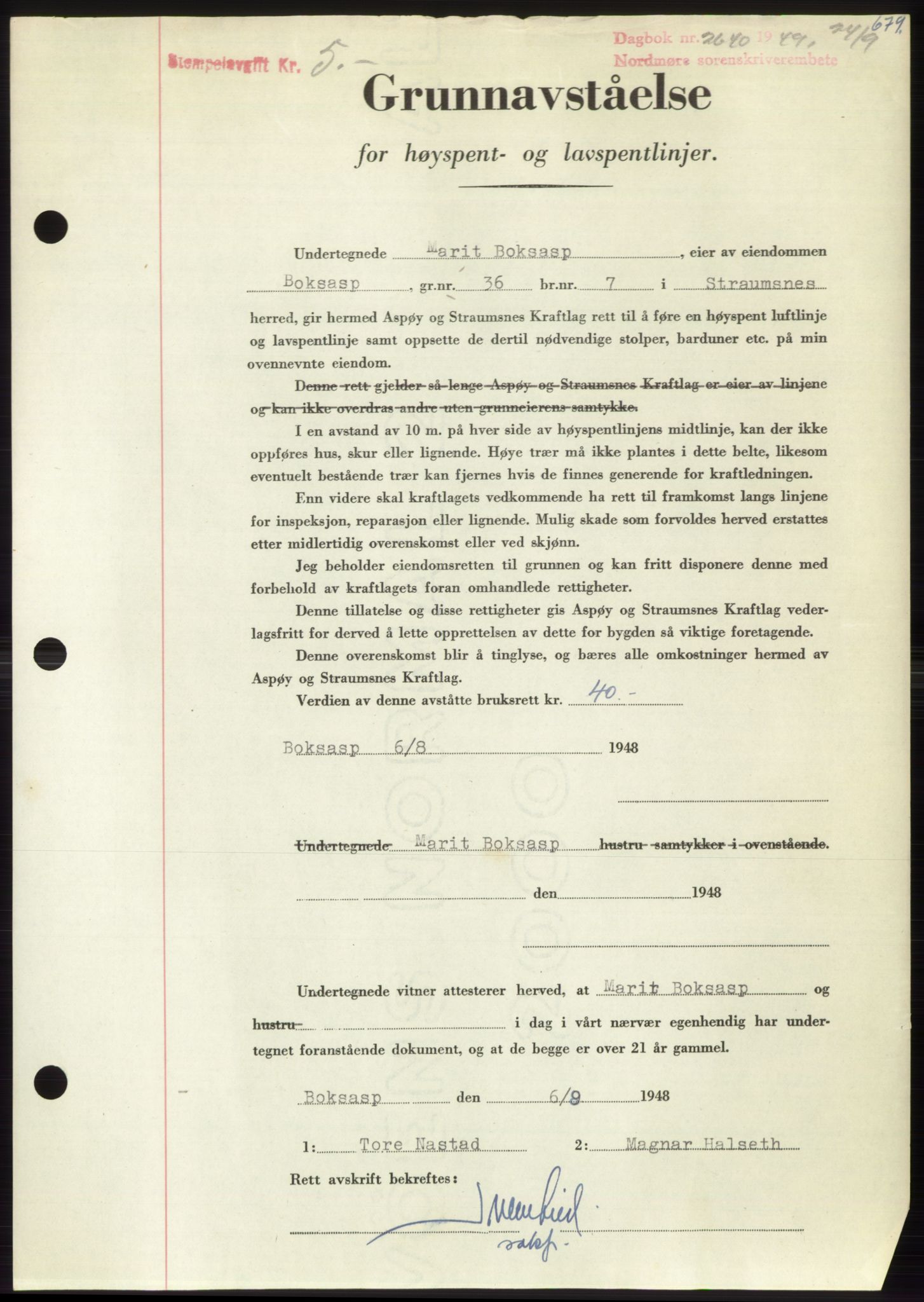 Nordmøre sorenskriveri, SAT/A-4132/1/2/2Ca: Pantebok nr. B102, 1949-1949, Dagboknr: 2640/1949