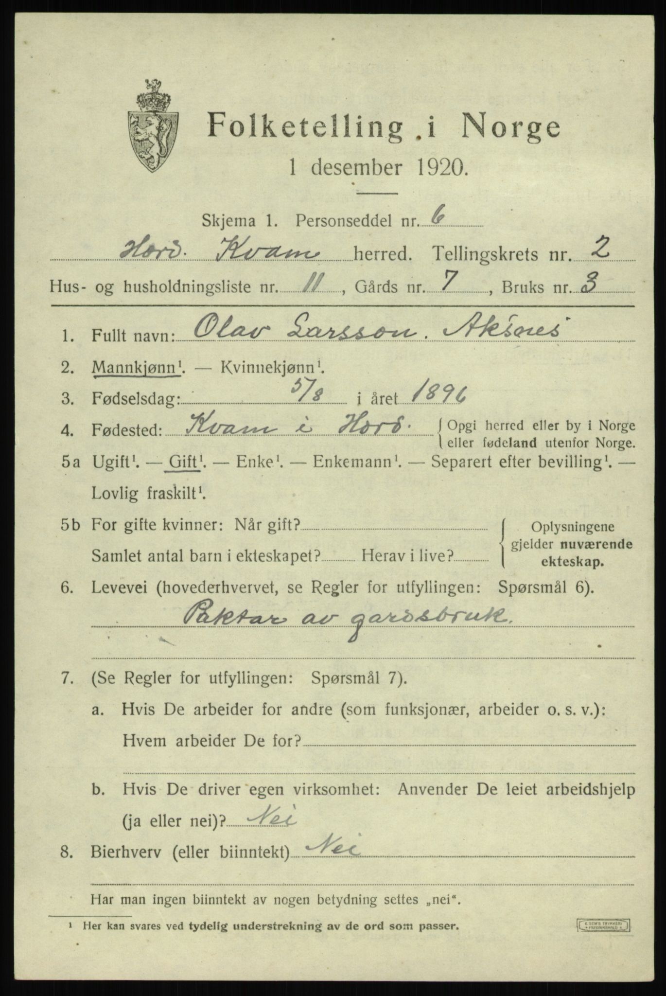 SAB, Folketelling 1920 for 1238 Kvam herred, 1920, s. 1929