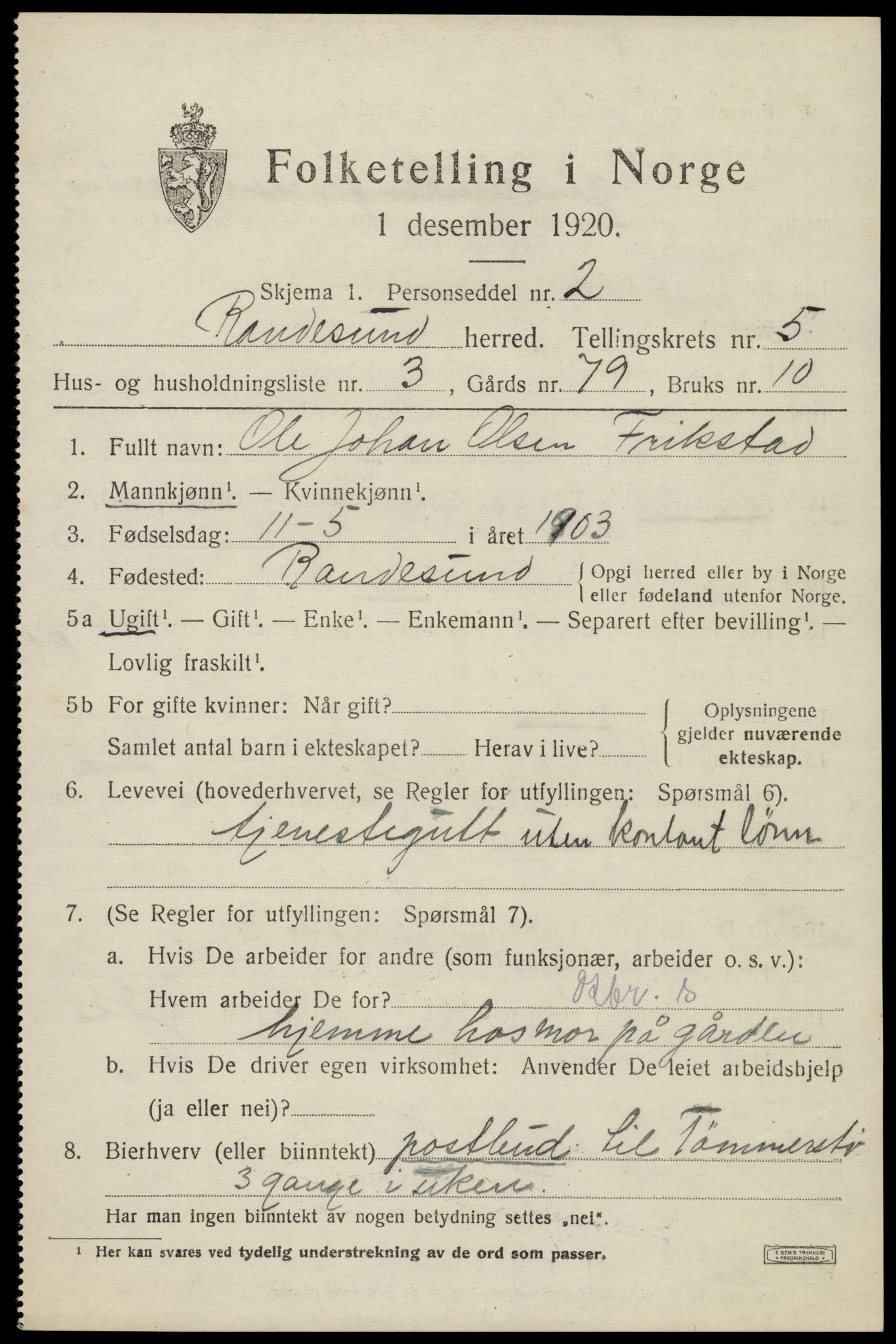SAK, Folketelling 1920 for 1011 Randesund herred, 1920, s. 2334