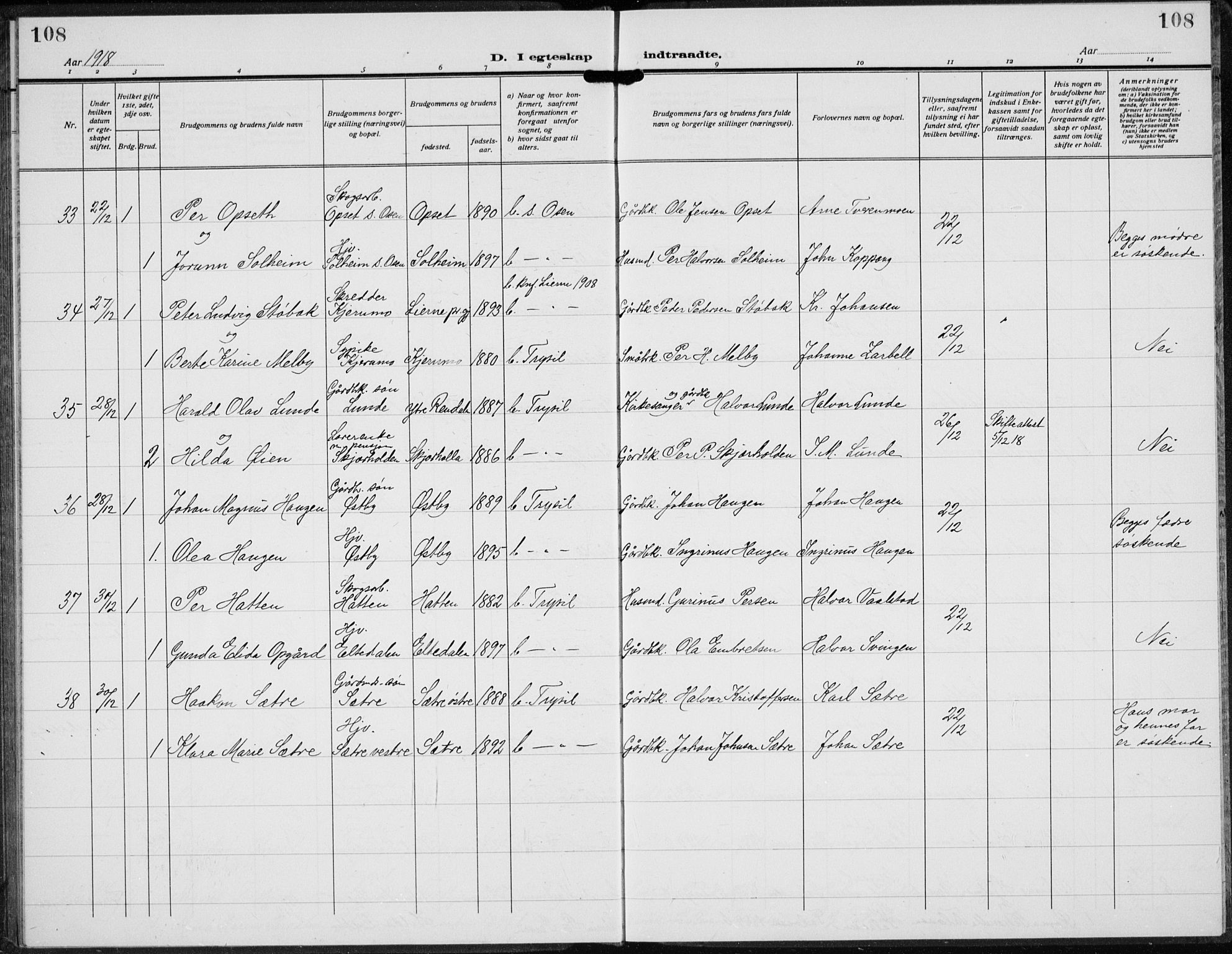 Trysil prestekontor, AV/SAH-PREST-046/H/Ha/Hab/L0010: Klokkerbok nr. 10, 1917-1937, s. 108