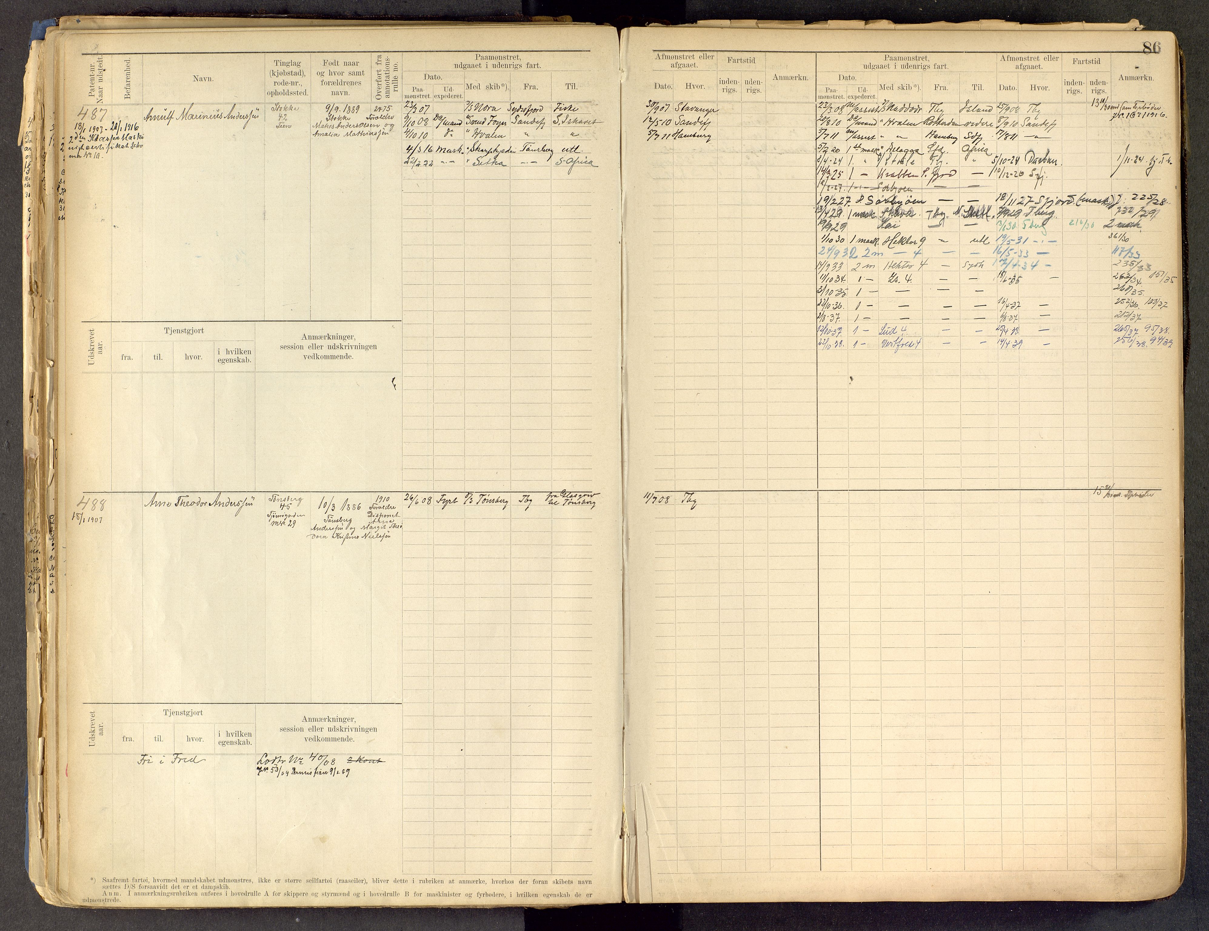 Tønsberg innrulleringskontor, SAKO/A-786/F/Fe/L0002: Maskinist- og fyrbøterrulle Patent nr. 315-1110, 1902-1924, s. 86