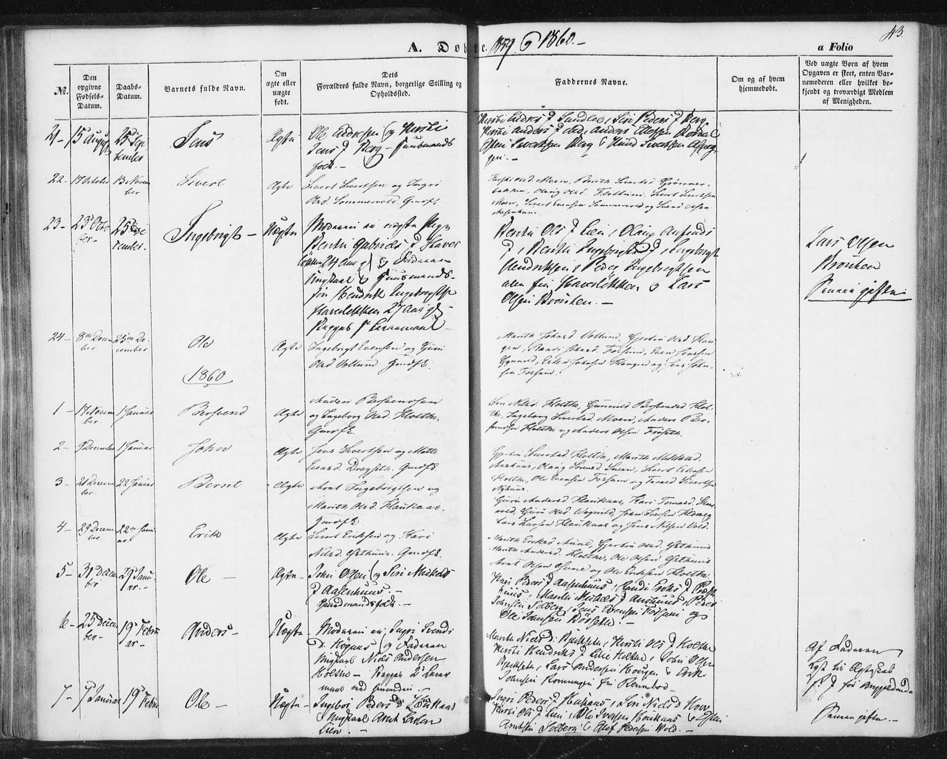 Ministerialprotokoller, klokkerbøker og fødselsregistre - Sør-Trøndelag, AV/SAT-A-1456/689/L1038: Ministerialbok nr. 689A03, 1848-1872, s. 43