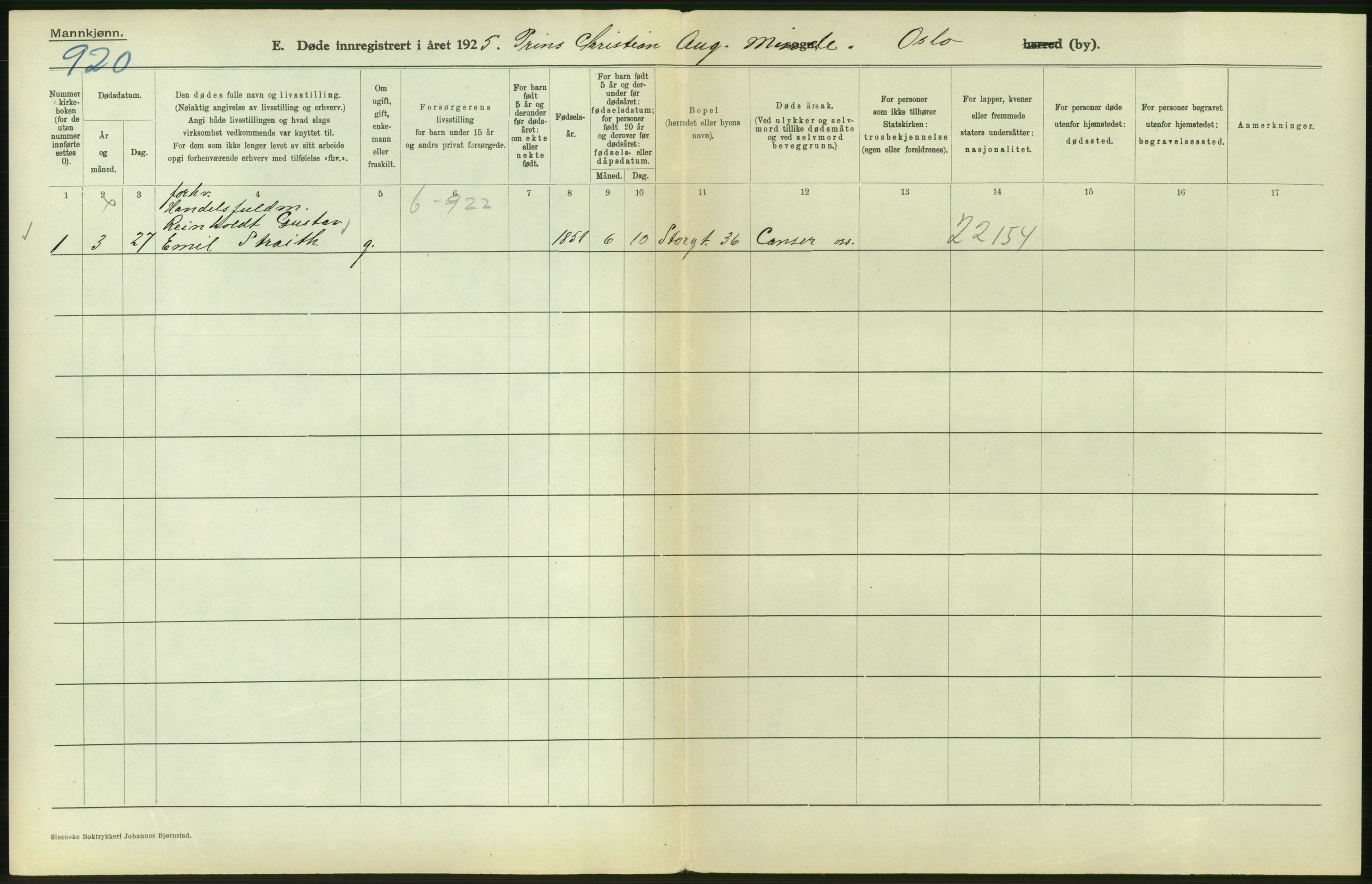 Statistisk sentralbyrå, Sosiodemografiske emner, Befolkning, AV/RA-S-2228/D/Df/Dfc/Dfce/L0009: Oslo: Døde menn, 1925, s. 416