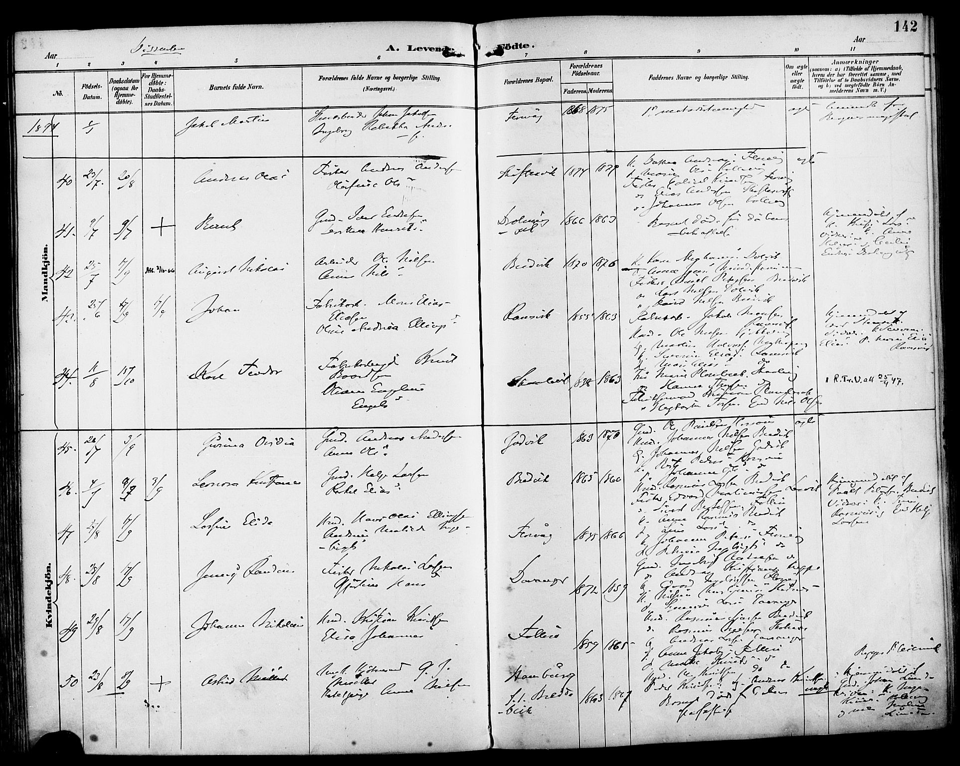 Askøy Sokneprestembete, AV/SAB-A-74101/H/Ha/Haa/Haab/L0002: Ministerialbok nr. B 2, 1889-1902, s. 142
