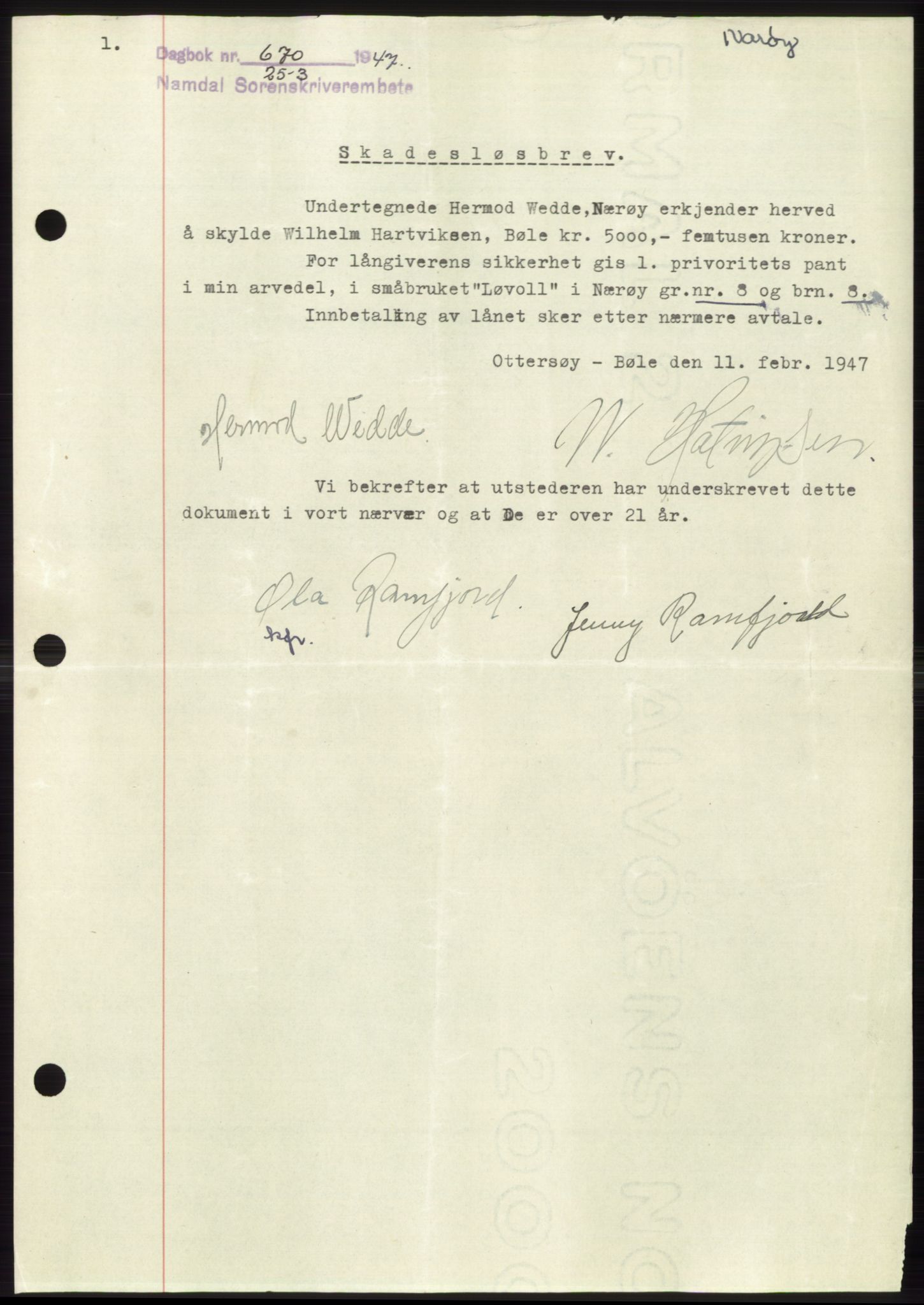 Namdal sorenskriveri, SAT/A-4133/1/2/2C: Pantebok nr. -, 1946-1947, Dagboknr: 670/1947