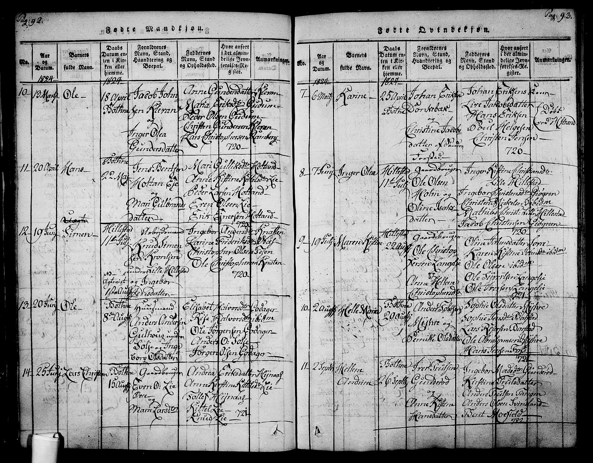Botne kirkebøker, AV/SAKO-A-340/F/Fa/L0005: Ministerialbok nr. I 5, 1814-1836, s. 92-93
