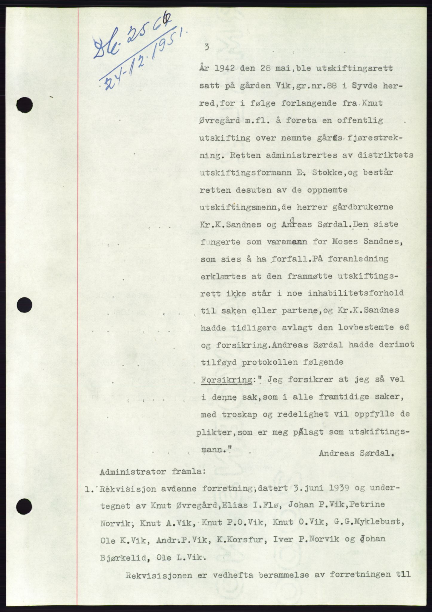 Søre Sunnmøre sorenskriveri, SAT/A-4122/1/2/2C/L0091: Pantebok nr. 17A, 1951-1952, Dagboknr: 2566/1951