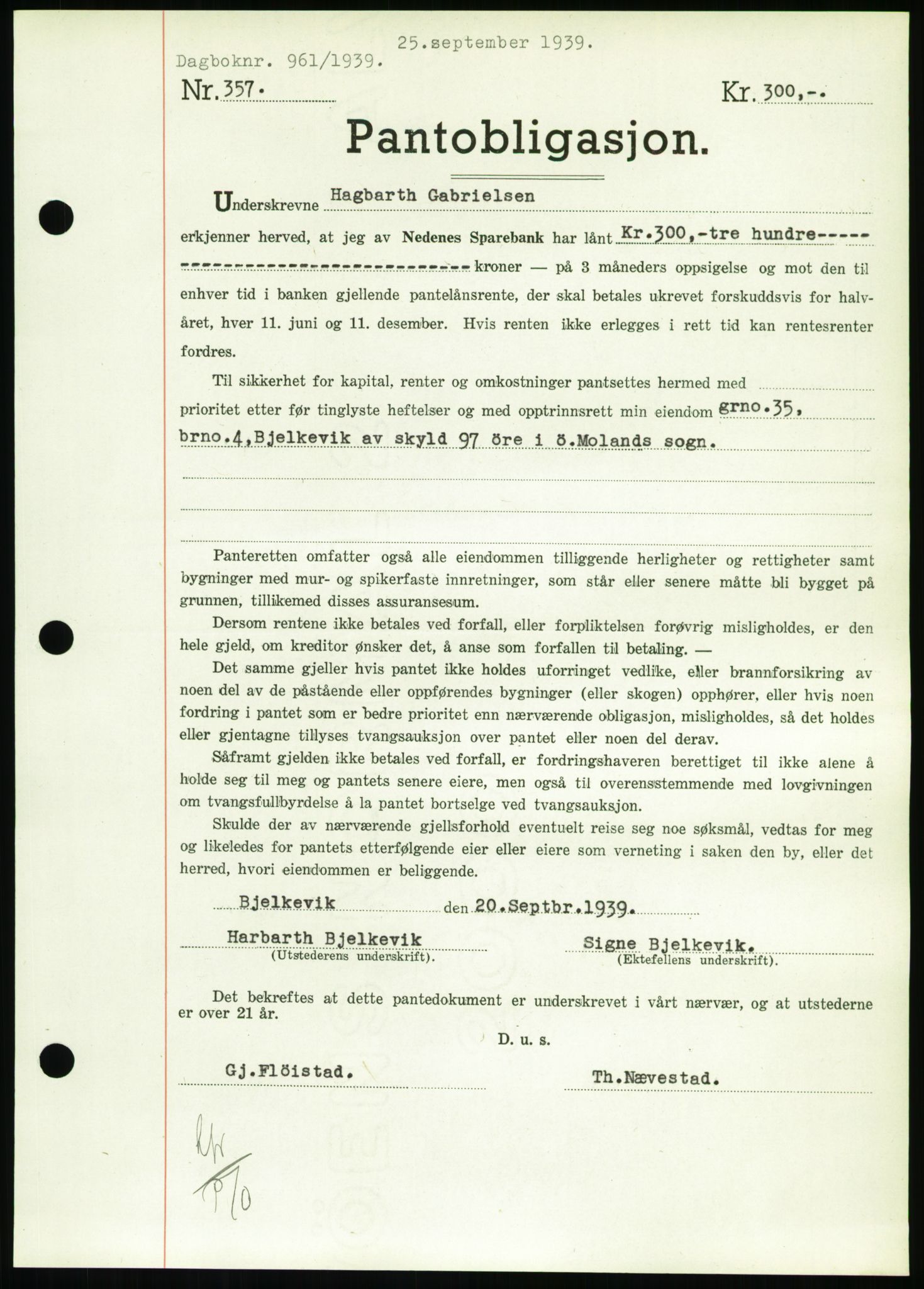 Nedenes sorenskriveri, SAK/1221-0006/G/Gb/Gbb/L0001: Pantebok nr. I, 1939-1942, Dagboknr: 961/1939