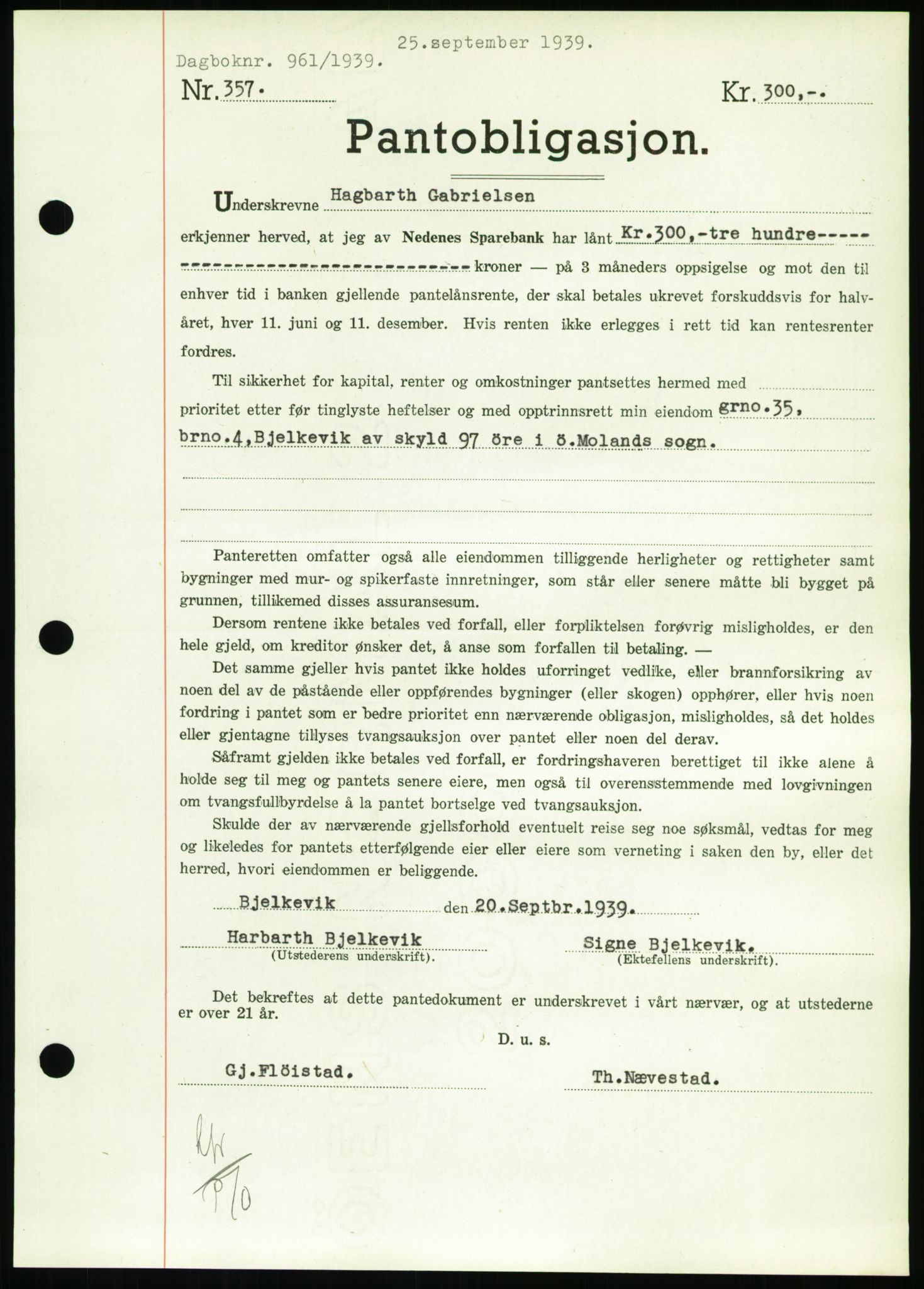Nedenes sorenskriveri, AV/SAK-1221-0006/G/Gb/Gbb/L0001: Pantebok nr. I, 1939-1942, Dagboknr: 961/1939