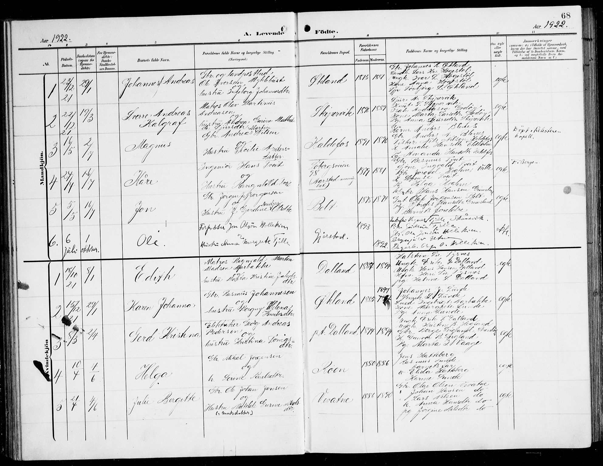 Tysnes sokneprestembete, AV/SAB-A-78601/H/Haa: Ministerialbok nr. B 2, 1907-1925, s. 68
