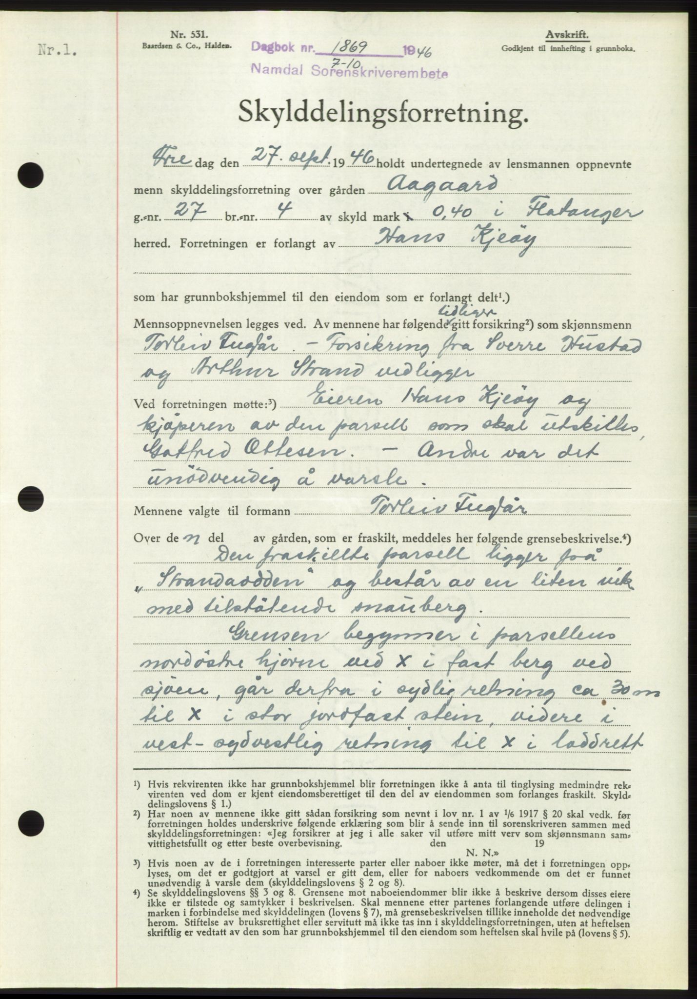 Namdal sorenskriveri, SAT/A-4133/1/2/2C: Pantebok nr. -, 1946-1947, Dagboknr: 1869/1946