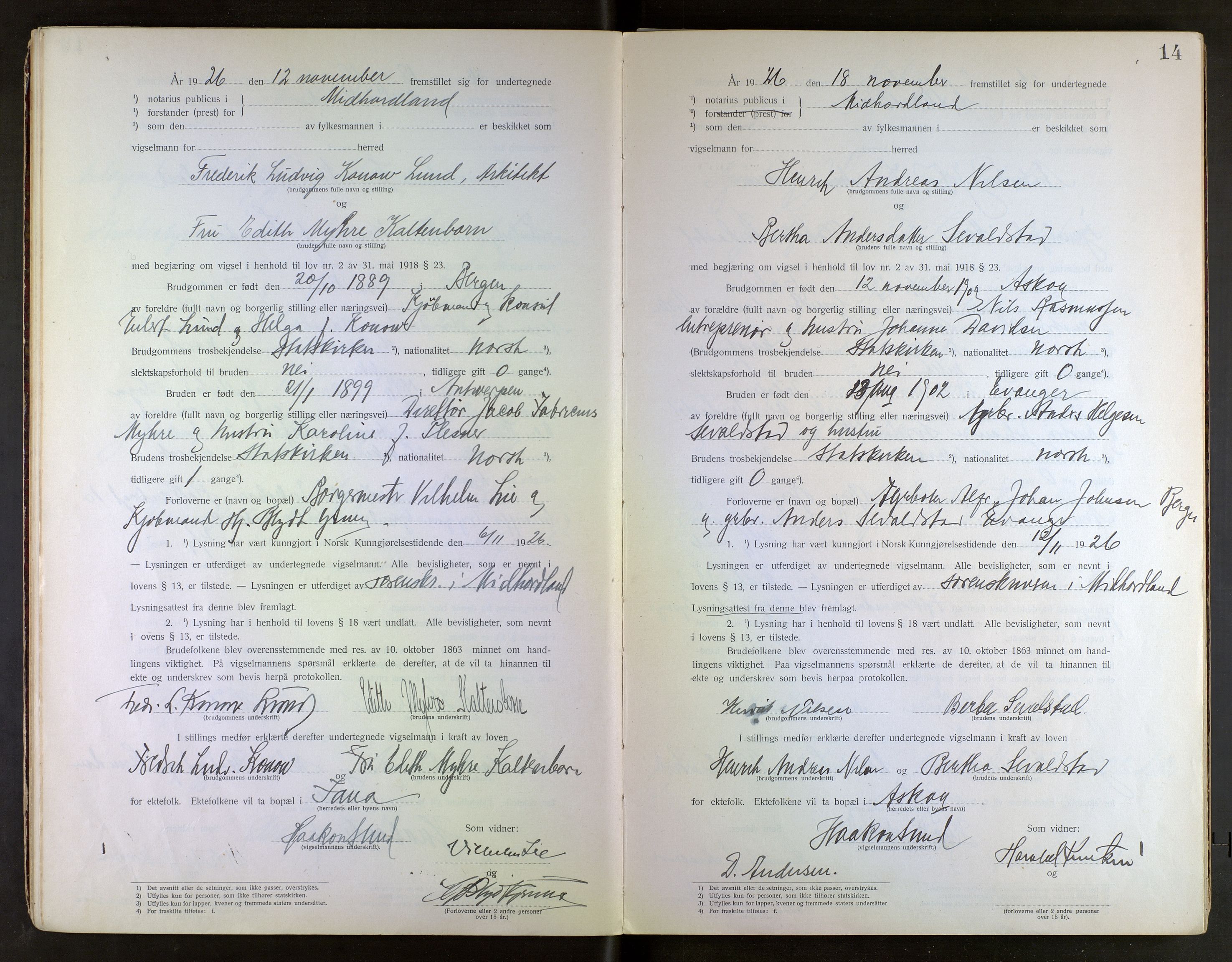 Midhordland sorenskriveri, AV/SAB-A-3001/1/M/Mc/Mca/L0001: Notarialbilag. Vigselbøker, 1920-1939, s. 14