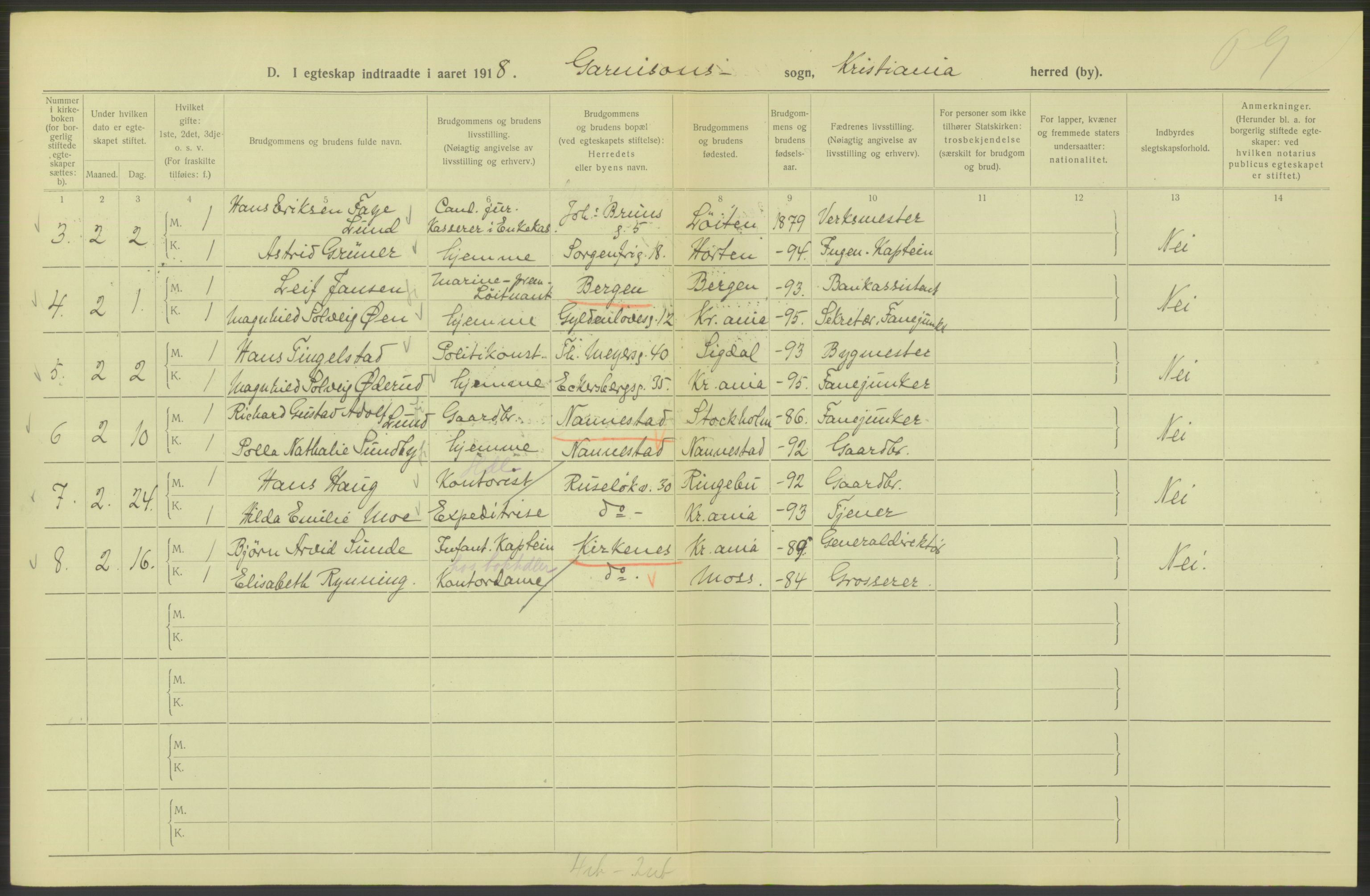 Statistisk sentralbyrå, Sosiodemografiske emner, Befolkning, AV/RA-S-2228/D/Df/Dfb/Dfbh/L0009: Kristiania: Gifte, 1918, s. 1014