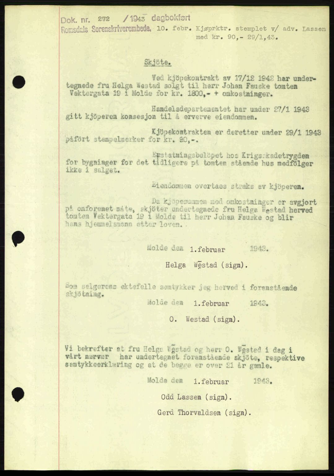 Romsdal sorenskriveri, SAT/A-4149/1/2/2C: Pantebok nr. A13, 1942-1943, Dagboknr: 272/1943