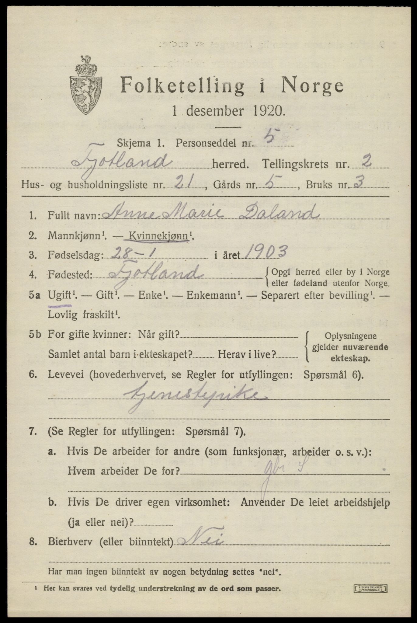SAK, Folketelling 1920 for 1036 Fjotland herred, 1920, s. 912