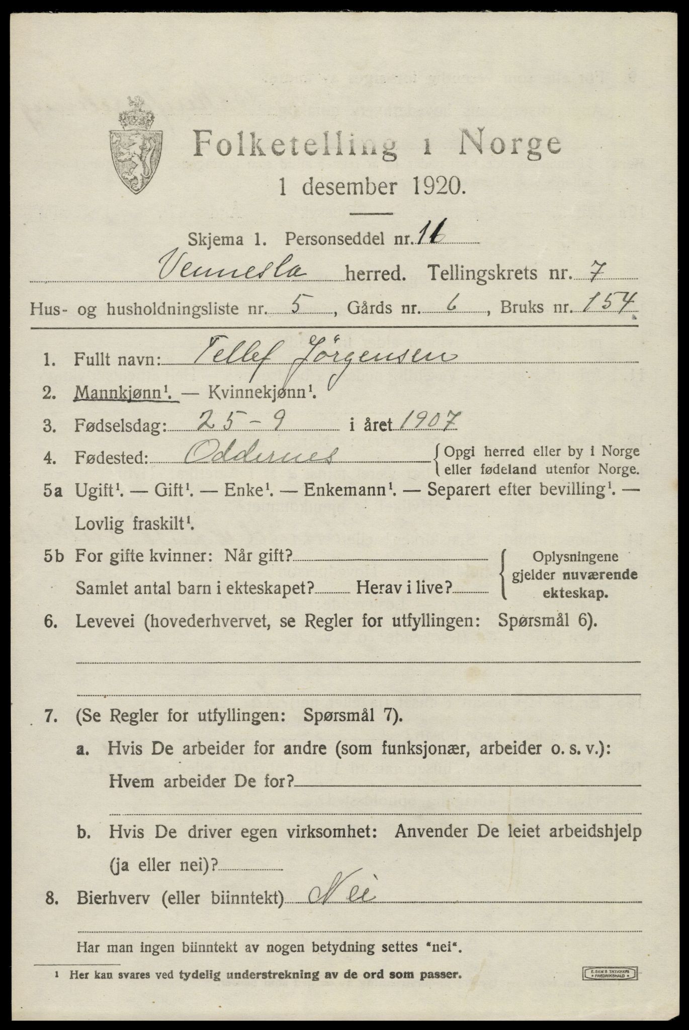 SAK, Folketelling 1920 for 1014 Vennesla herred, 1920, s. 4816