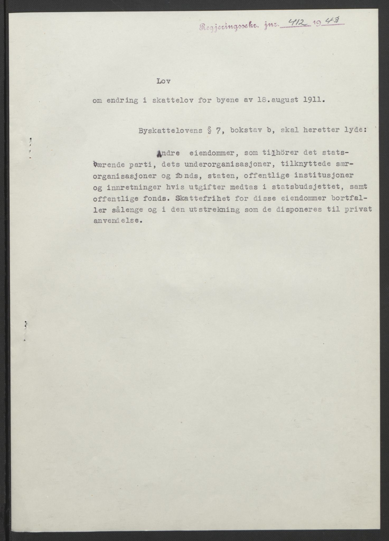 NS-administrasjonen 1940-1945 (Statsrådsekretariatet, de kommisariske statsråder mm), RA/S-4279/D/Db/L0099: Lover, 1943, s. 785
