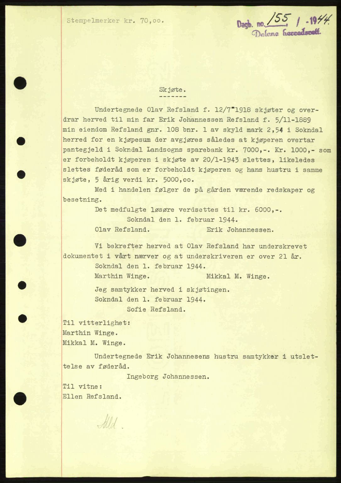 Dalane sorenskriveri, SAST/A-100309/02/G/Gb/L0047: Pantebok nr. A8 I, 1944-1945, Dagboknr: 155/1944