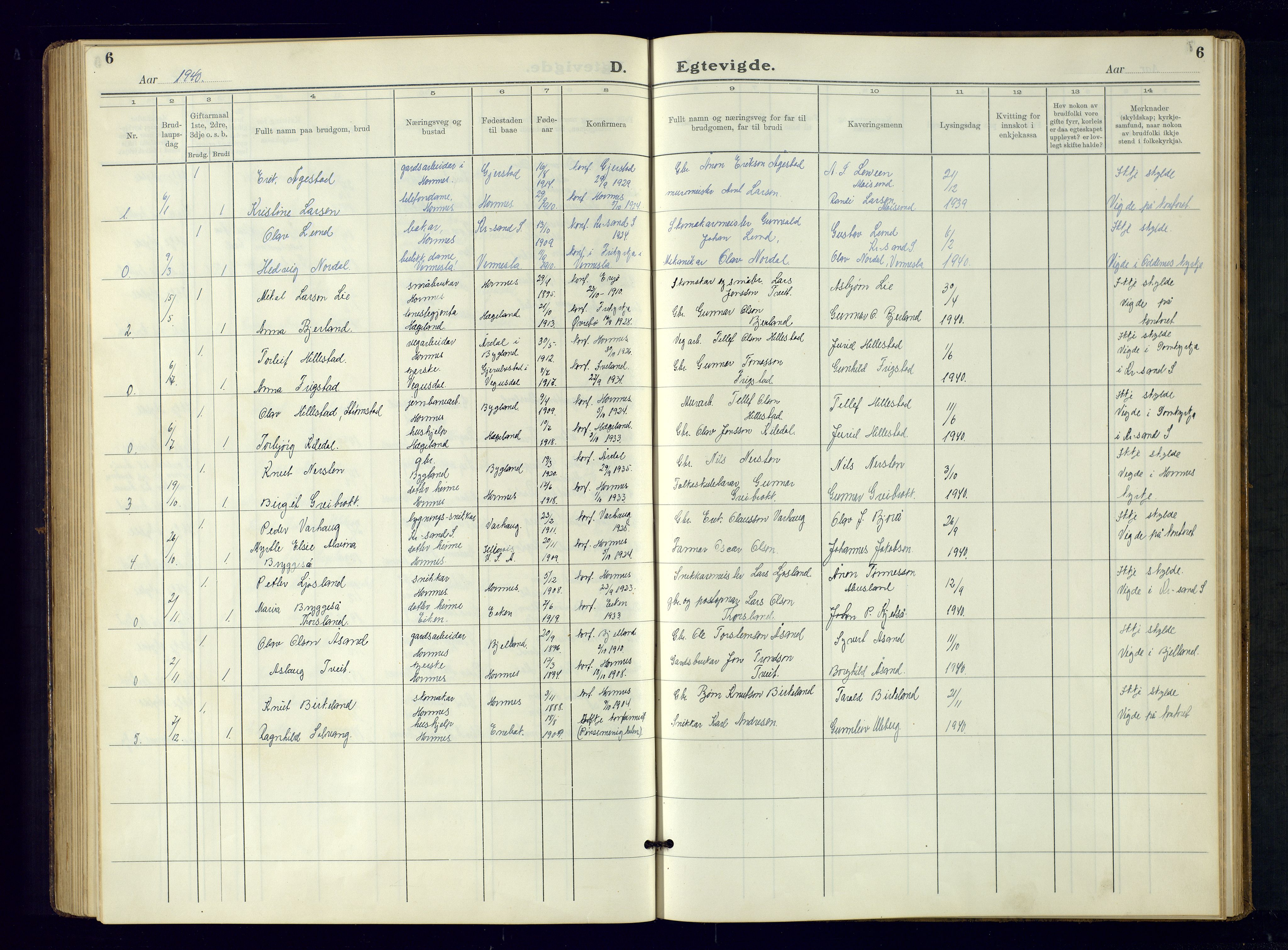 Evje sokneprestkontor, AV/SAK-1111-0008/F/Fb/Fbb/L0004: Klokkerbok nr. B-4, 1934-1970, s. 6