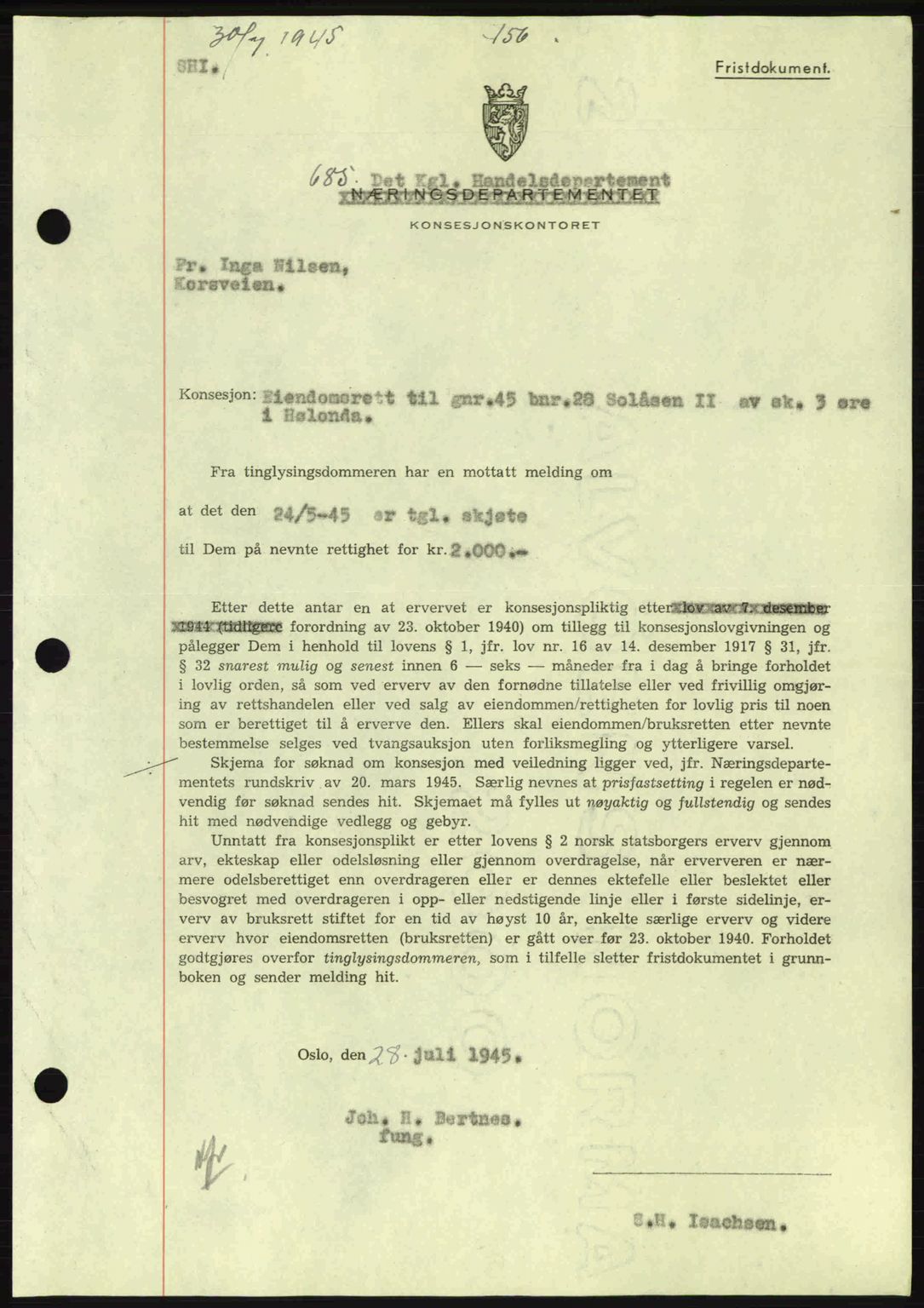 Gauldal sorenskriveri, SAT/A-0014/1/2/2C: Pantebok nr. A1a, 1945-1945, Dagboknr: 685/1945