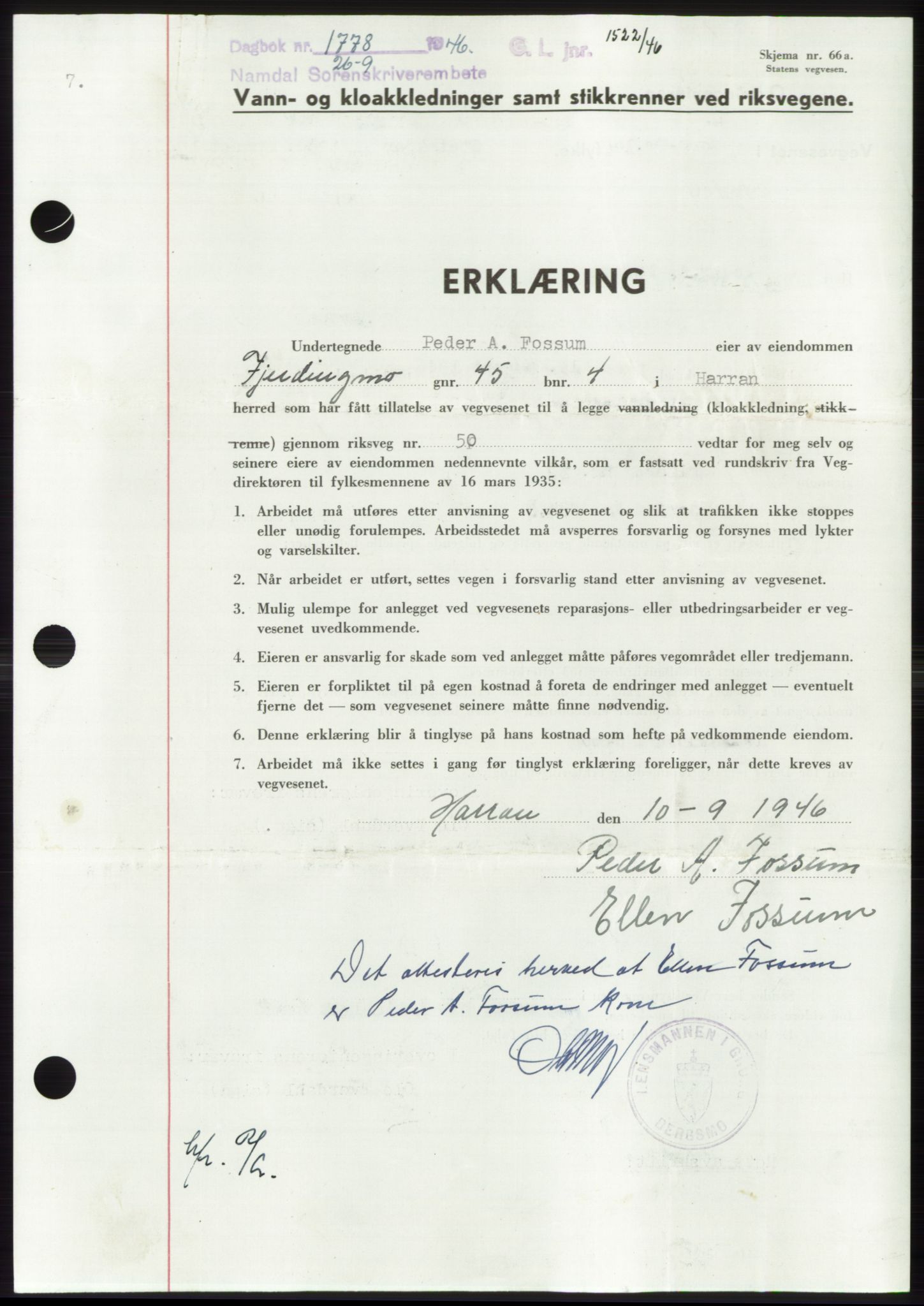 Namdal sorenskriveri, SAT/A-4133/1/2/2C: Pantebok nr. -, 1946-1947, Dagboknr: 1778/1946