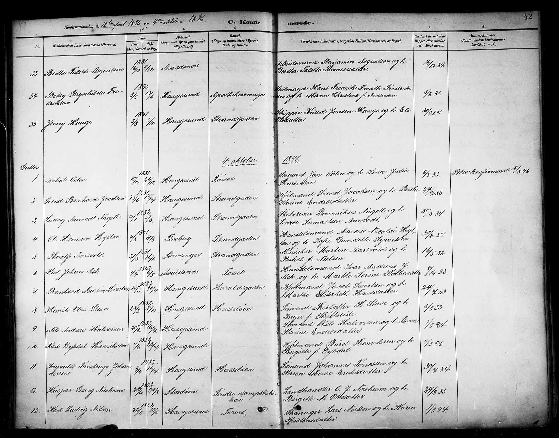 Haugesund sokneprestkontor, AV/SAST-A -101863/H/Ha/Haa/L0005: Ministerialbok nr. A 5, 1891-1903, s. 42