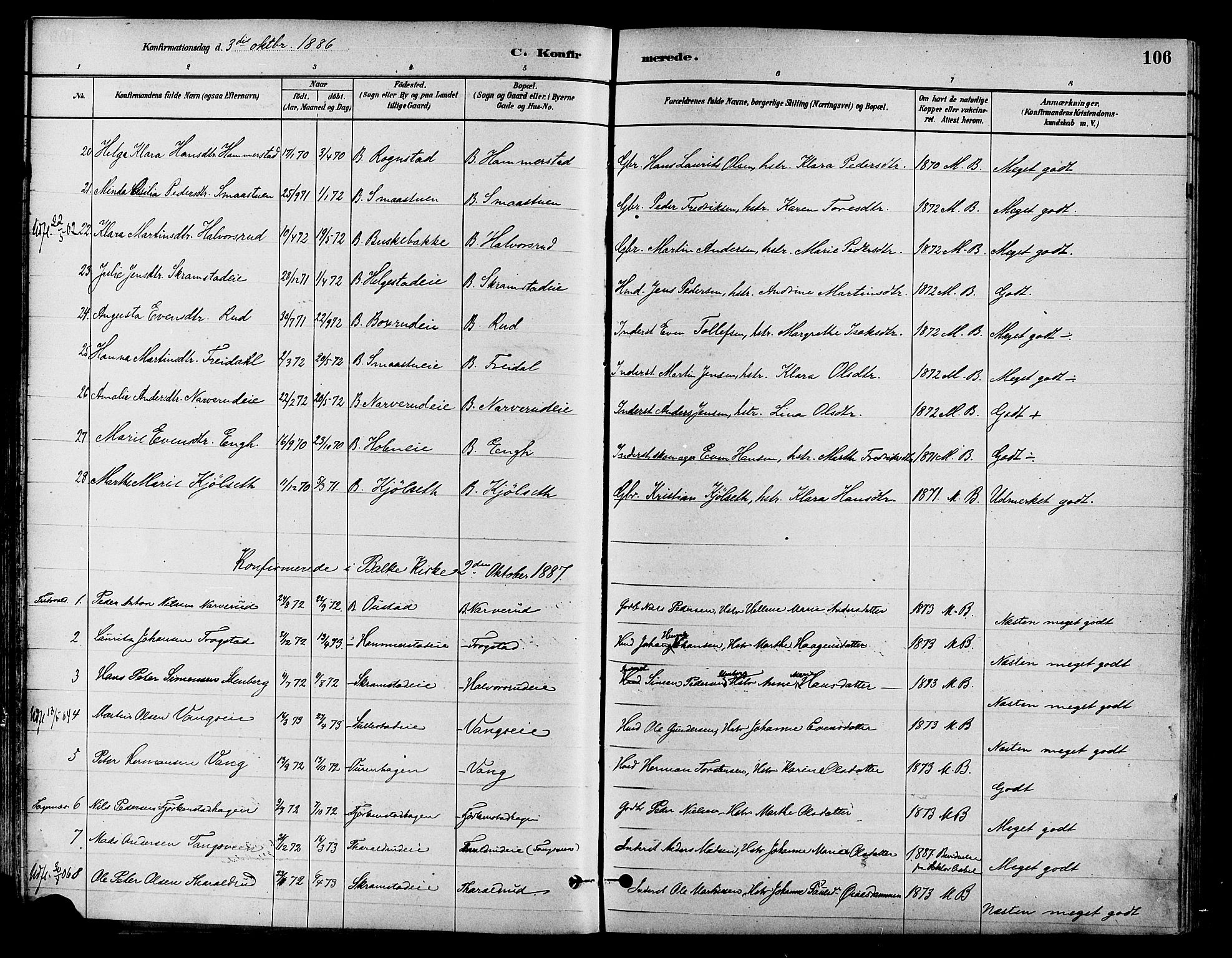 Østre Toten prestekontor, AV/SAH-PREST-104/H/Ha/Haa/L0007: Ministerialbok nr. 7, 1881-1896, s. 106
