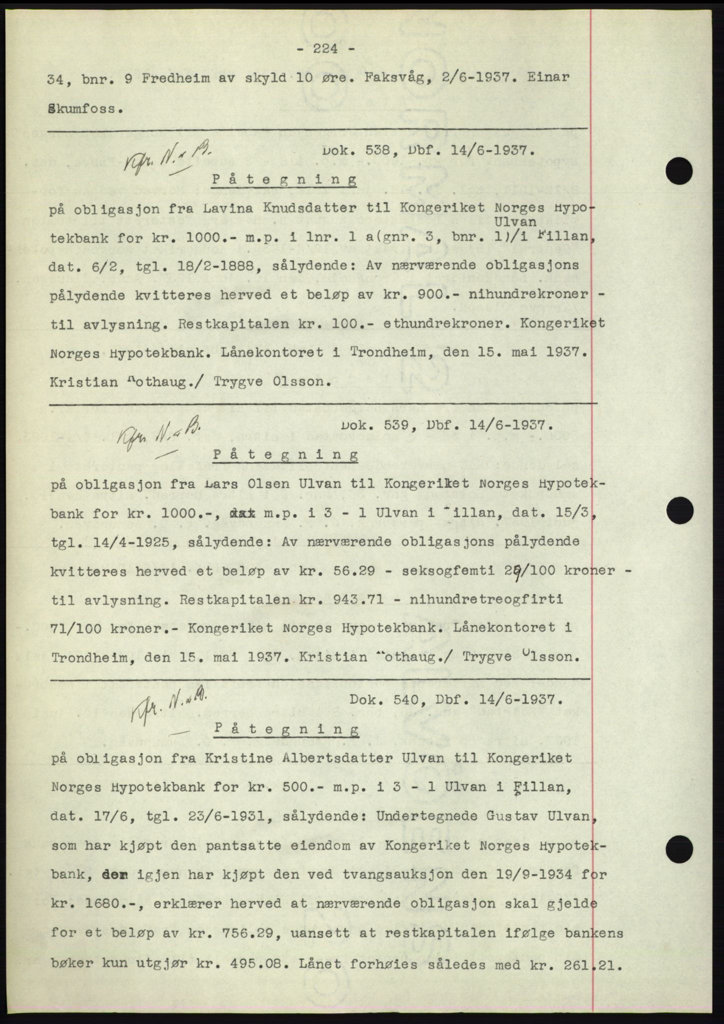 Hitra sorenskriveri, AV/SAT-A-0018/2/2C/2Ca: Pantebok nr. C1, 1936-1945, Dagboknr: 538/1937