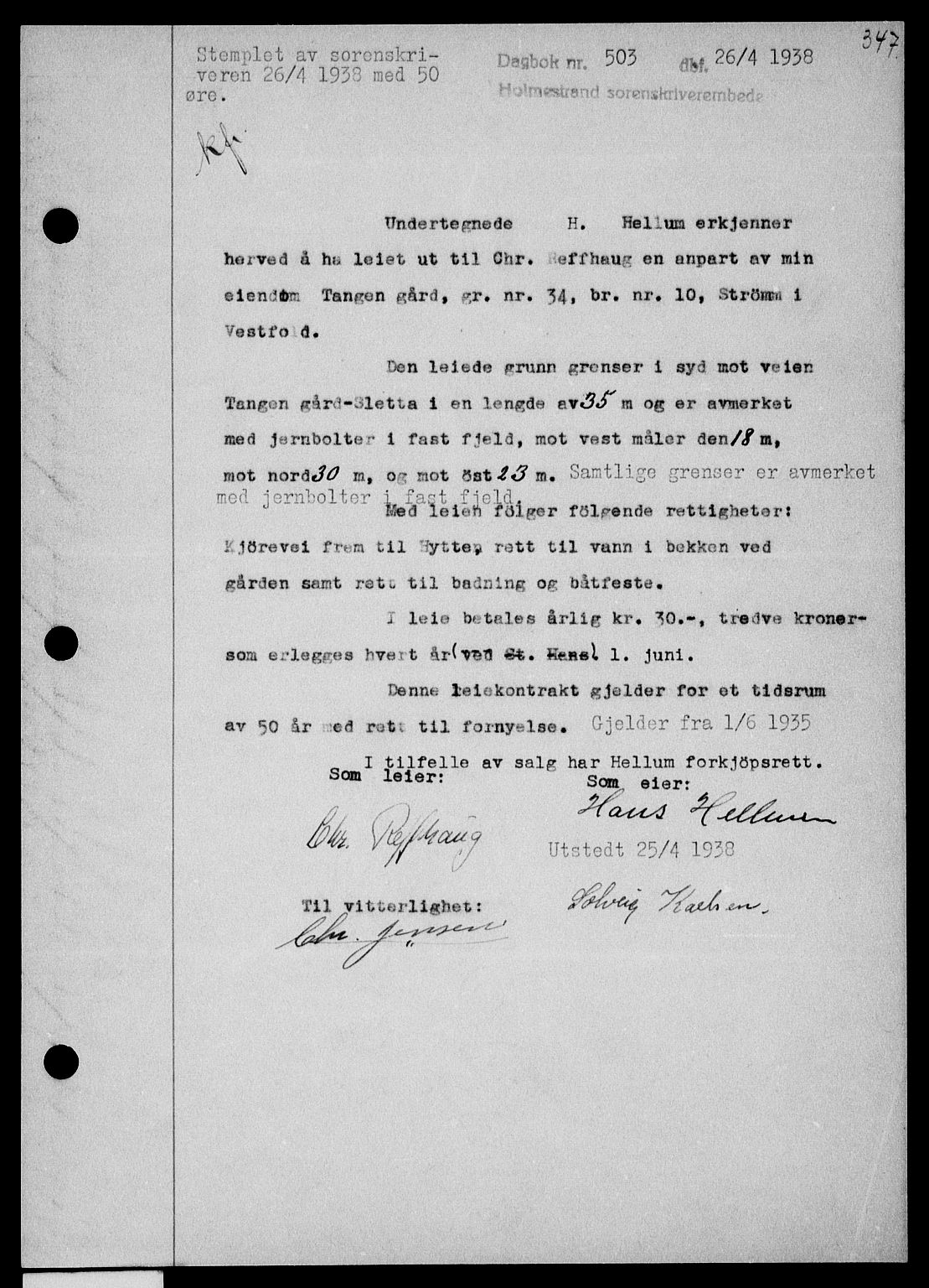 Holmestrand sorenskriveri, SAKO/A-67/G/Ga/Gaa/L0049: Pantebok nr. A-49, 1937-1938, Dagboknr: 503/1938