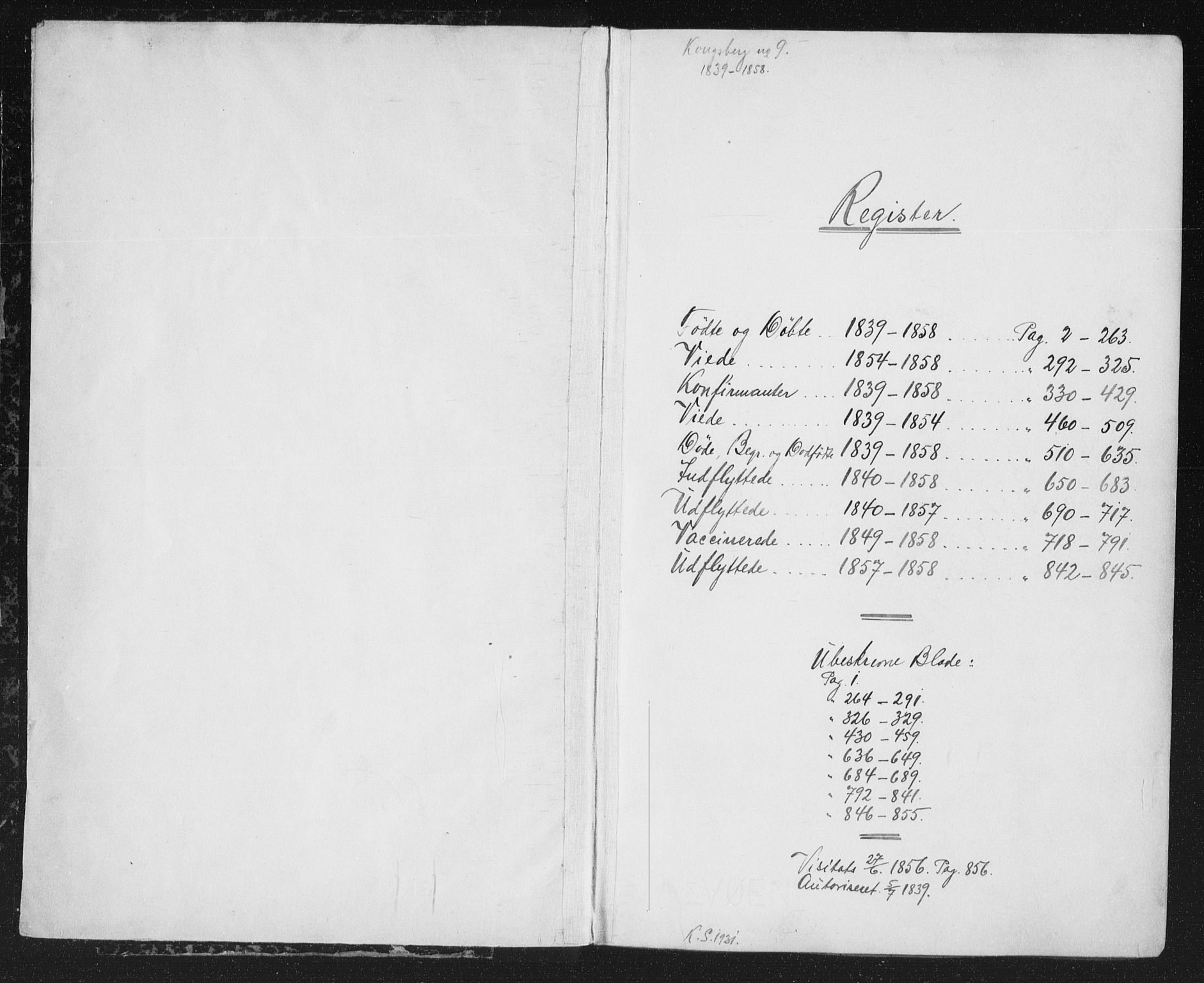 Kongsberg kirkebøker, SAKO/A-22/G/Ga/L0002: Klokkerbok nr. 2, 1839-1858