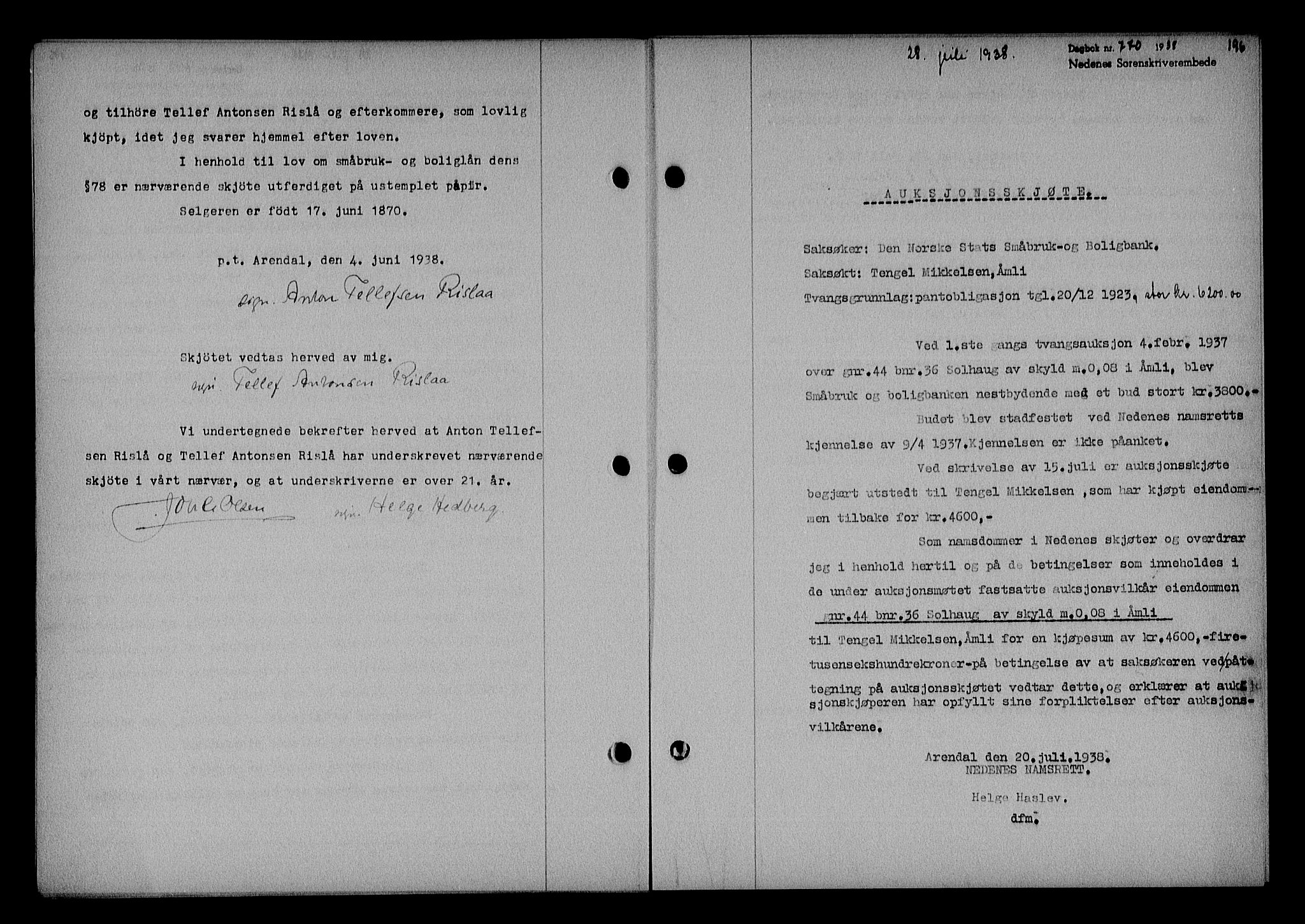 Nedenes sorenskriveri, SAK/1221-0006/G/Gb/Gba/L0045: Pantebok nr. 41, 1938-1938, Dagboknr: 770/1938