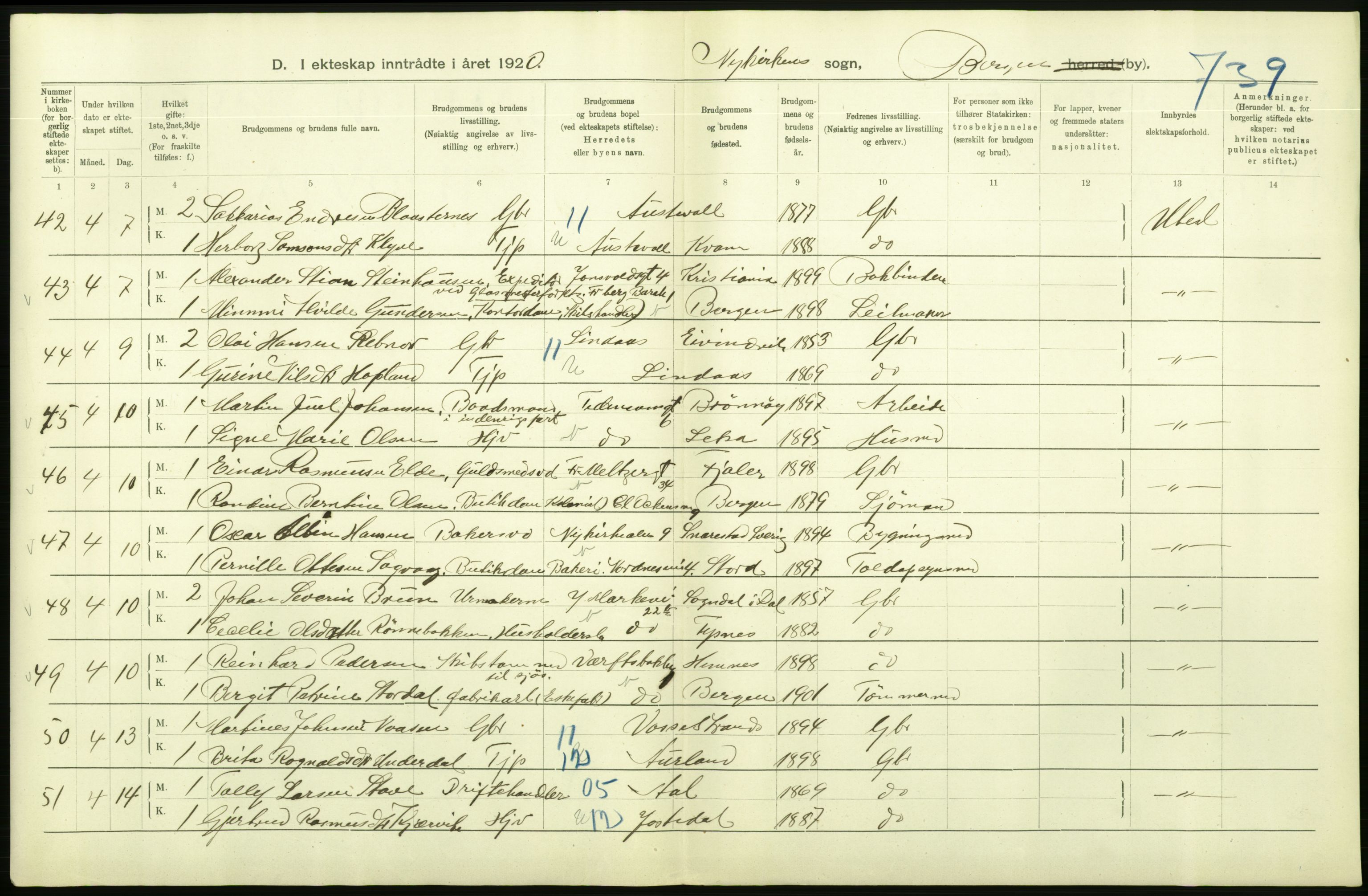 Statistisk sentralbyrå, Sosiodemografiske emner, Befolkning, AV/RA-S-2228/D/Df/Dfb/Dfbj/L0042: Bergen: Gifte, døde, dødfødte., 1920, s. 144