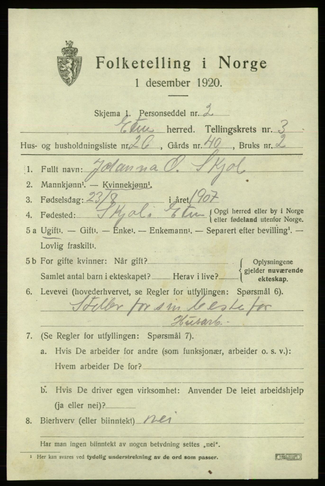 SAB, Folketelling 1920 for 1211 Etne herred, 1920, s. 1965