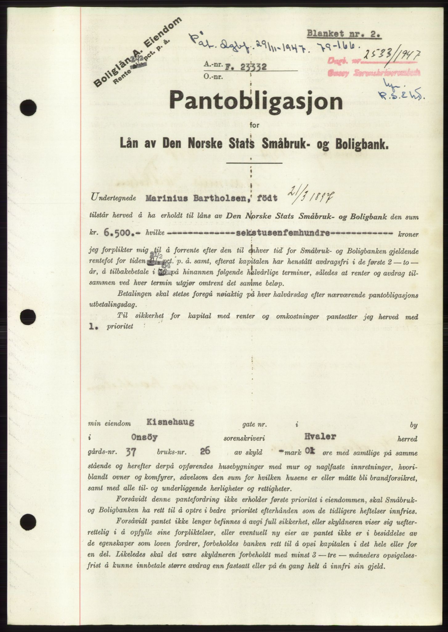 Onsøy sorenskriveri, SAO/A-10474/G/Ga/Gac/L0006: Pantebok nr. B 12-6, 1947-1948, Dagboknr: 2533/1947