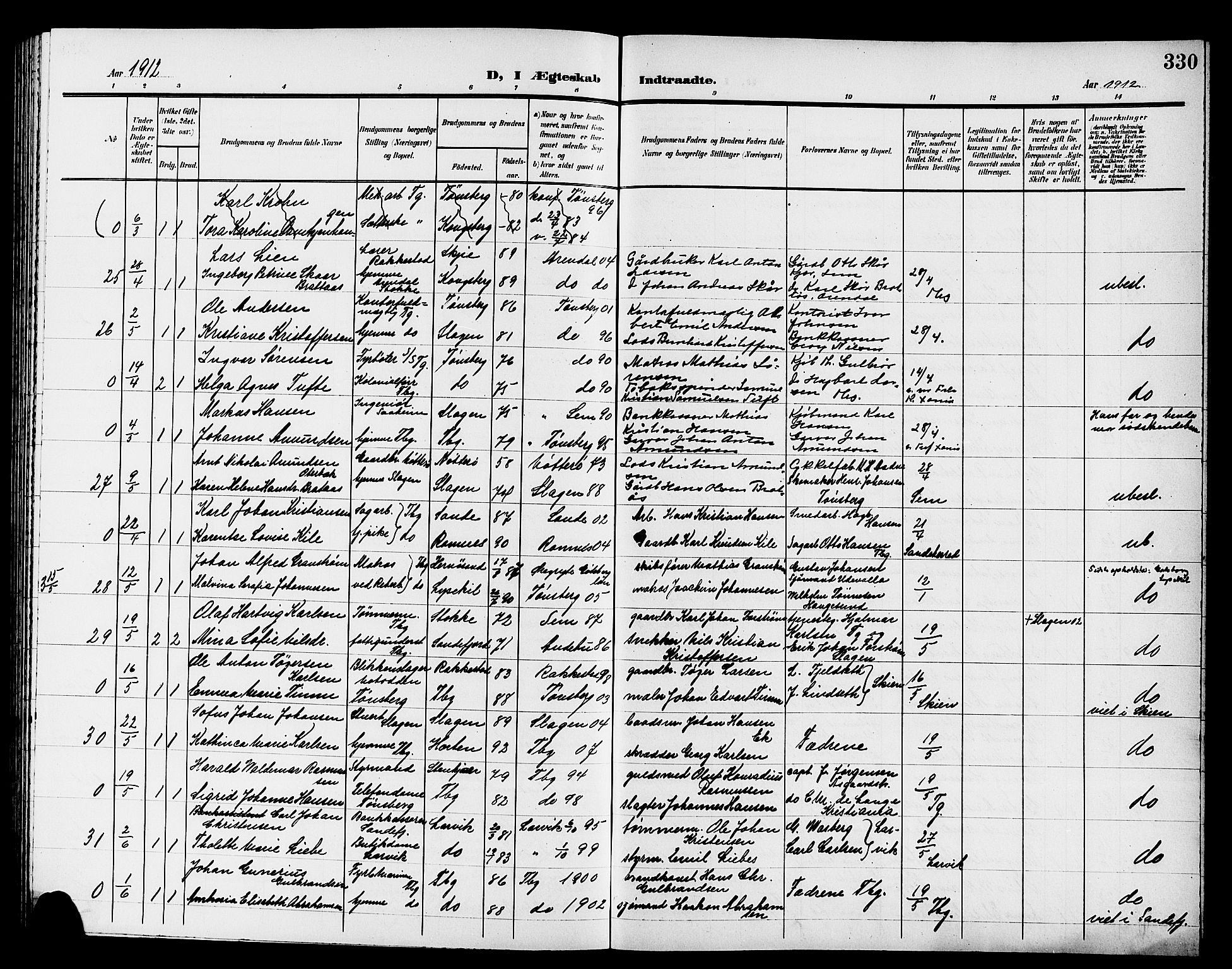 Tønsberg kirkebøker, AV/SAKO-A-330/G/Ga/L0008: Klokkerbok nr. 8, 1905-1912, s. 330