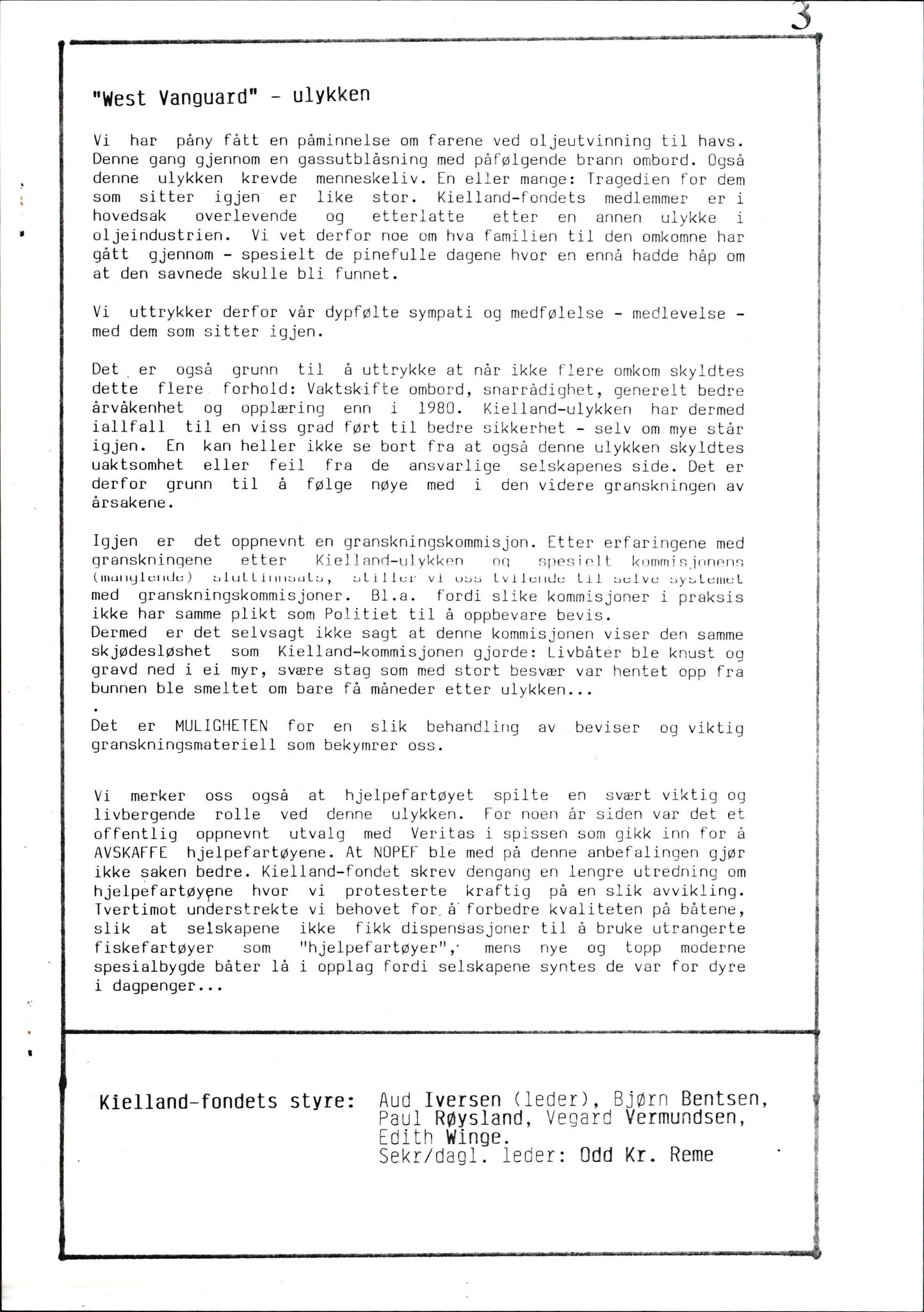 Pa 1660 - Kielland- fondet, AV/SAST-A-102242/X/Xa/L0001: Rapport til overlevende og etterlatte/ Kielland Bulletin, 1980-1998