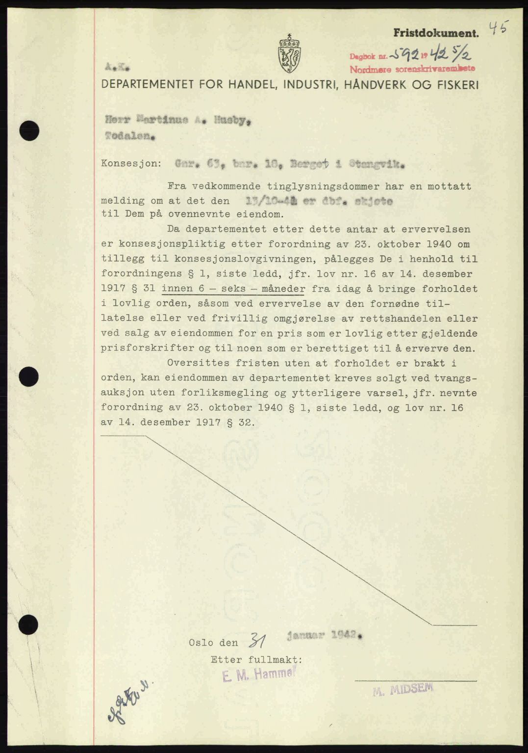 Nordmøre sorenskriveri, AV/SAT-A-4132/1/2/2Ca: Pantebok nr. B89, 1942-1942, Dagboknr: 592/1942