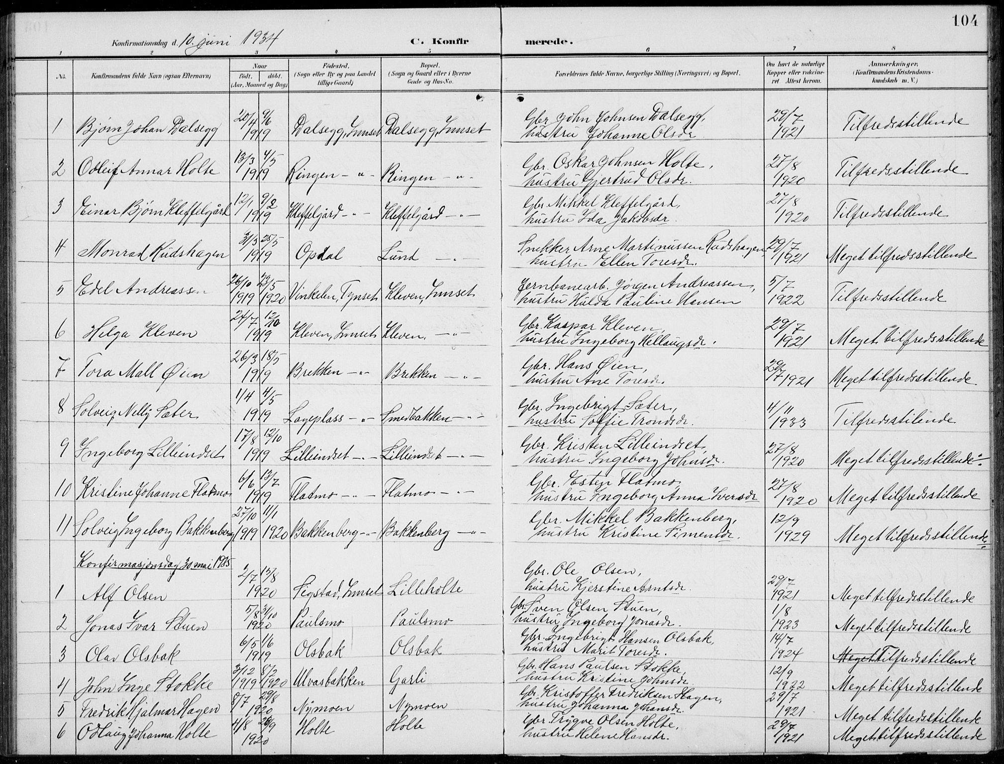 Kvikne prestekontor, AV/SAH-PREST-064/H/Ha/Hab/L0004: Klokkerbok nr. 4, 1902-1937, s. 104