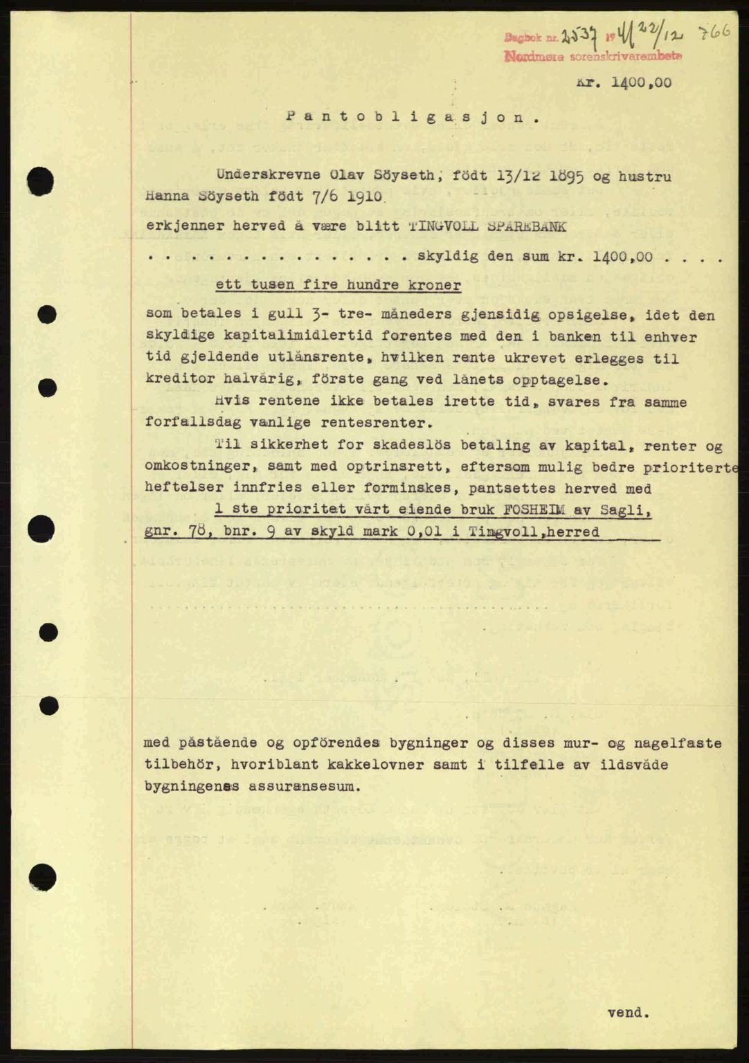Nordmøre sorenskriveri, SAT/A-4132/1/2/2Ca: Pantebok nr. B88, 1941-1942, Dagboknr: 2537/1941