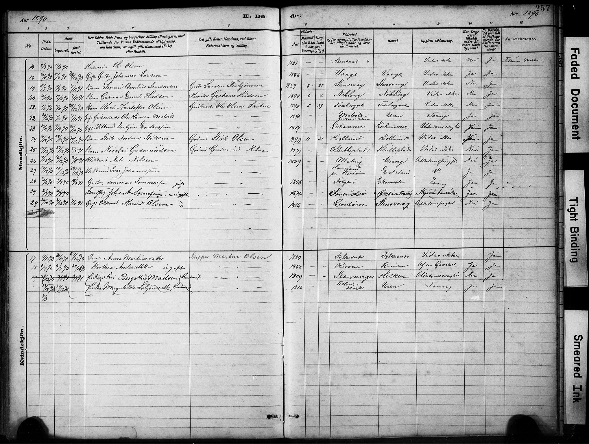 Finnås sokneprestembete, AV/SAB-A-99925/H/Ha/Hab/Habb/L0003: Klokkerbok nr. B 3, 1882-1897, s. 257