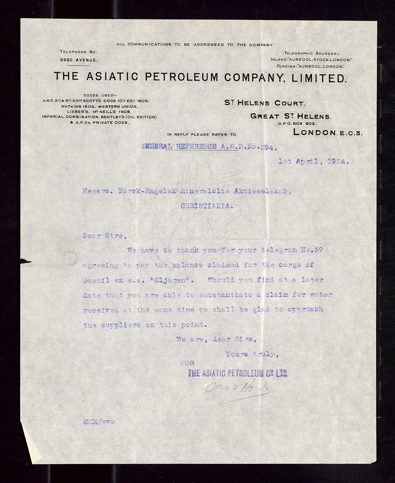 Pa 1521 - A/S Norske Shell, SAST/A-101915/E/Ea/Eaa/L0013: Sjefskorrespondanse, 1924, s. 19