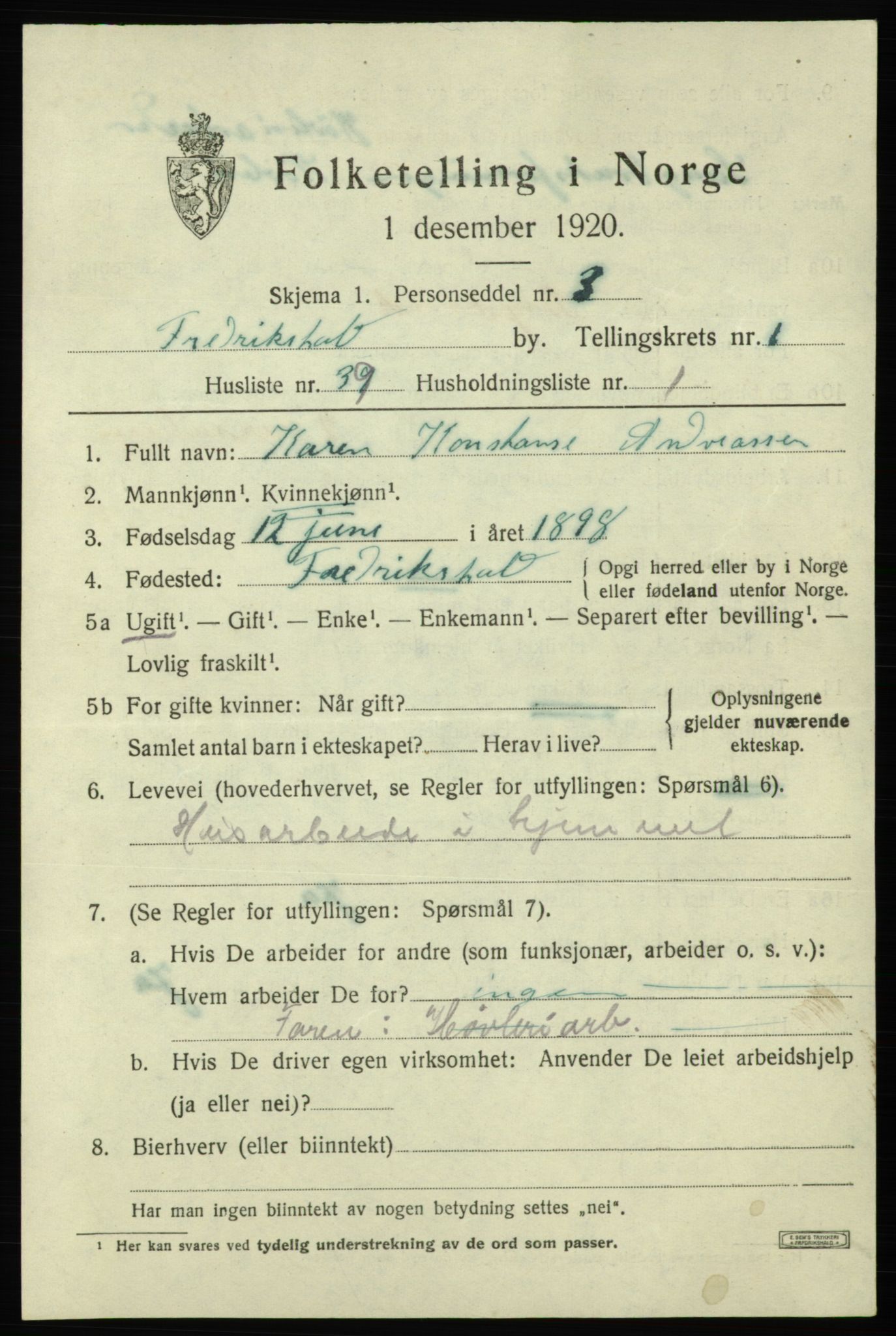 SAO, Folketelling 1920 for 0101 Fredrikshald kjøpstad, 1920, s. 8849