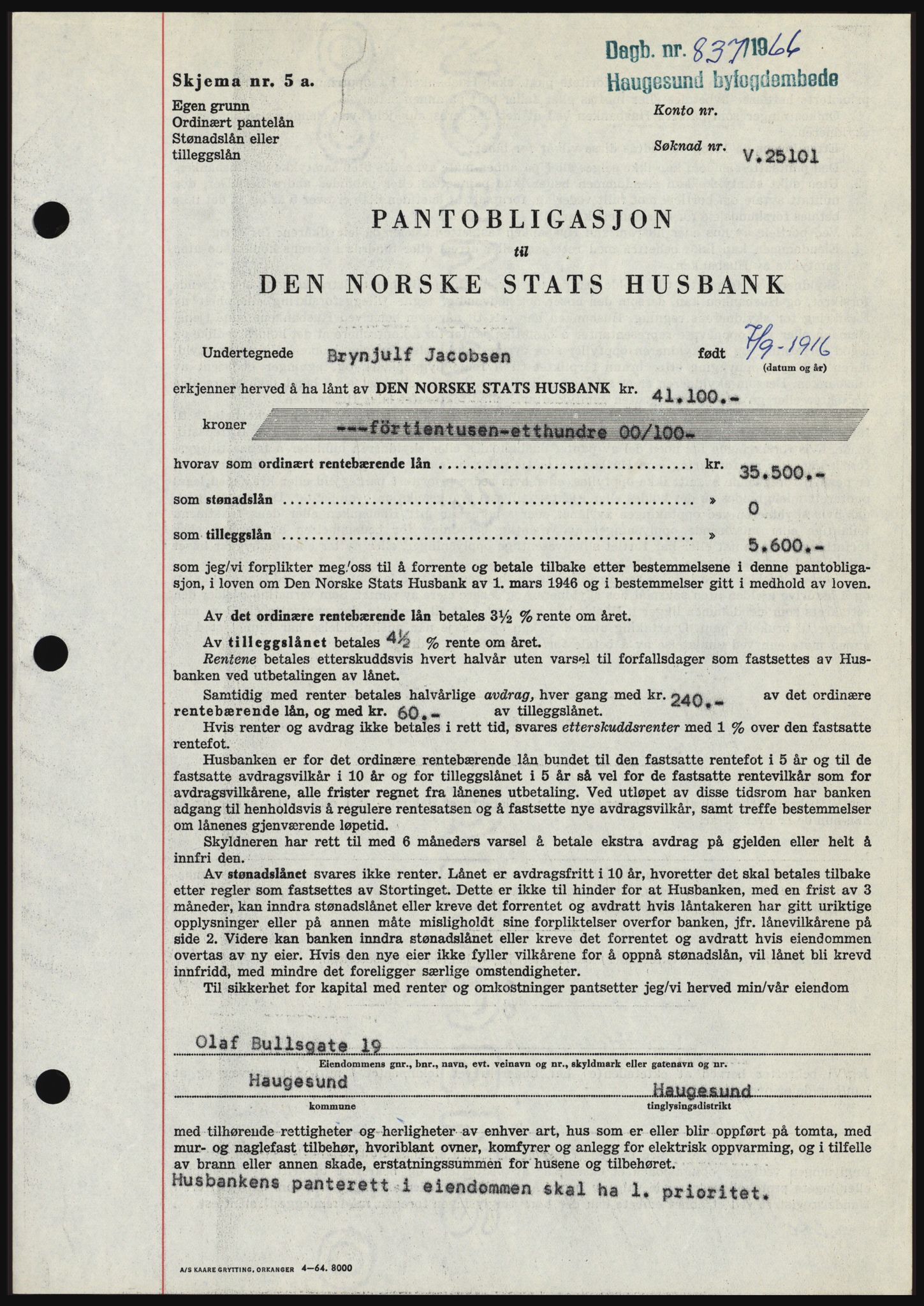 Haugesund tingrett, SAST/A-101415/01/II/IIC/L0055: Pantebok nr. B 55, 1966-1966, Dagboknr: 837/1966