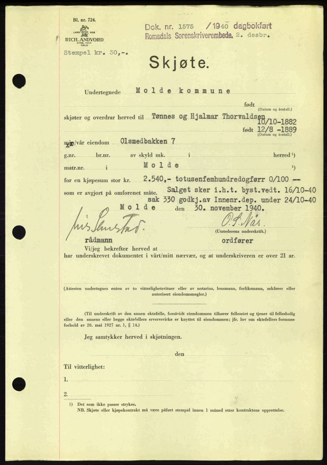 Romsdal sorenskriveri, SAT/A-4149/1/2/2C: Pantebok nr. A9, 1940-1941, Dagboknr: 1575/1940