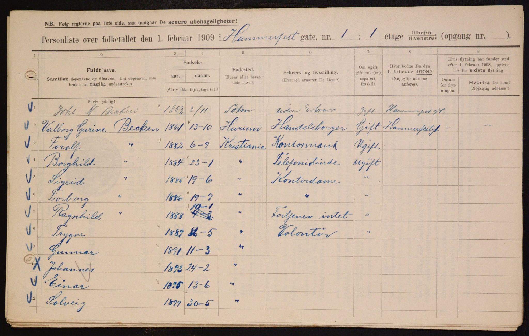 OBA, Kommunal folketelling 1.2.1909 for Kristiania kjøpstad, 1909, s. 31003