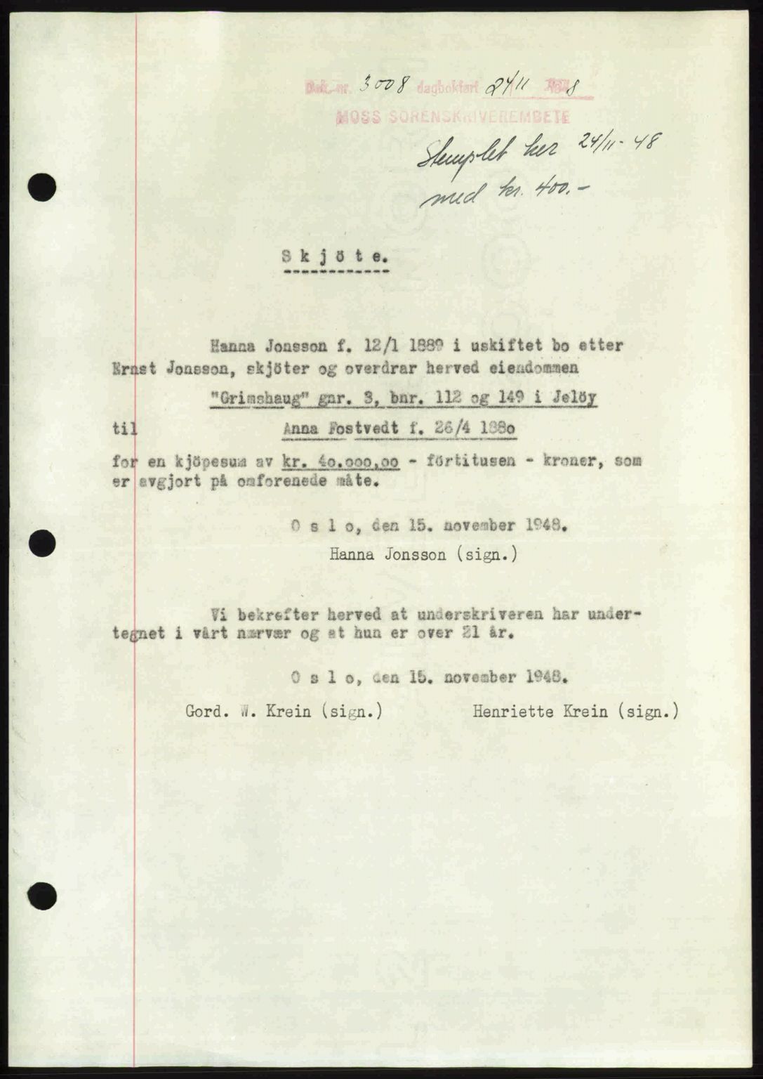 Moss sorenskriveri, SAO/A-10168: Pantebok nr. A20, 1948-1948, Dagboknr: 3008/1948