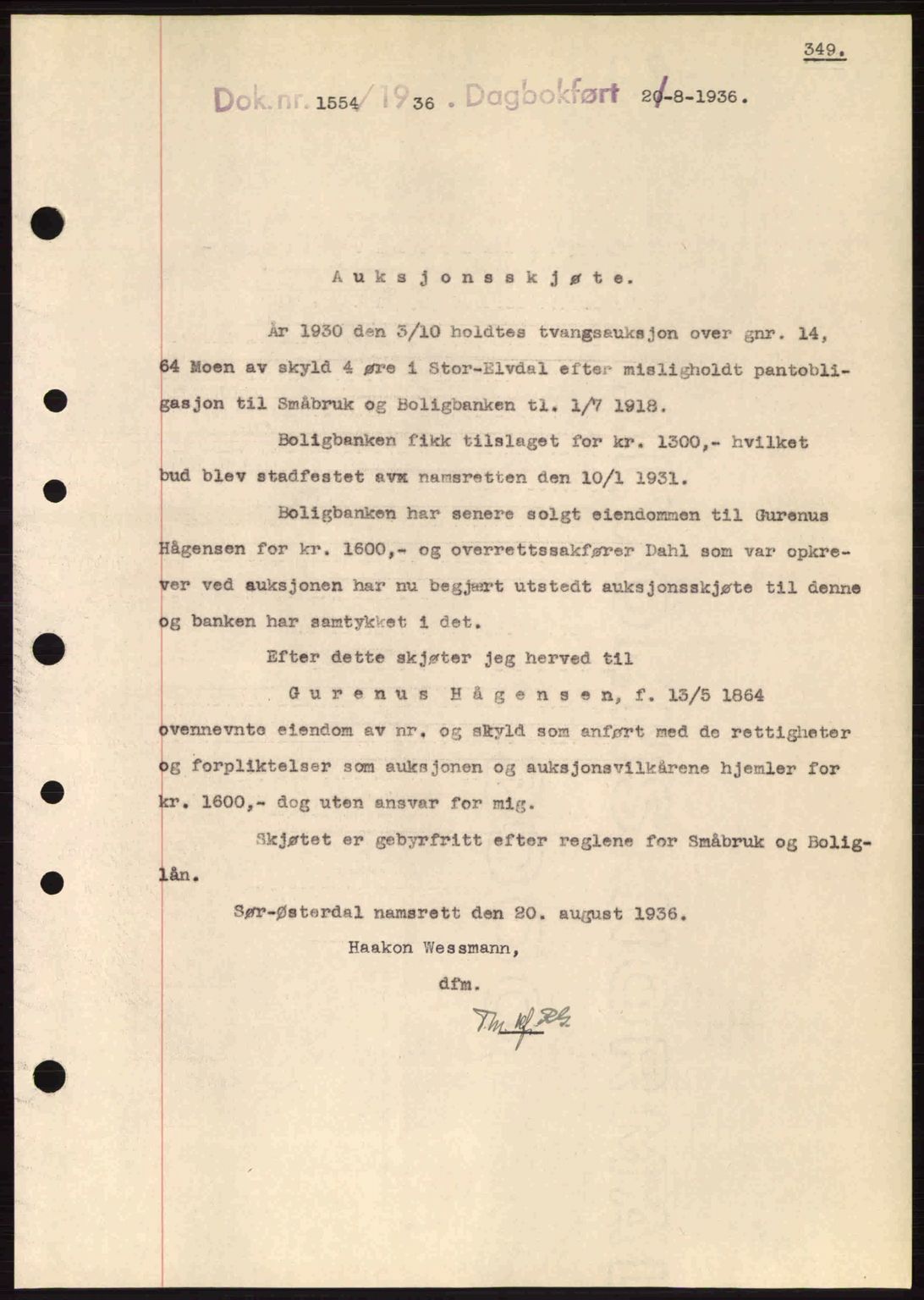 Sør-Østerdal sorenskriveri, SAH/TING-018/H/Hb/Hbb/L0054: Pantebok nr. A54, 1936-1936, Dagboknr: 1554/1936