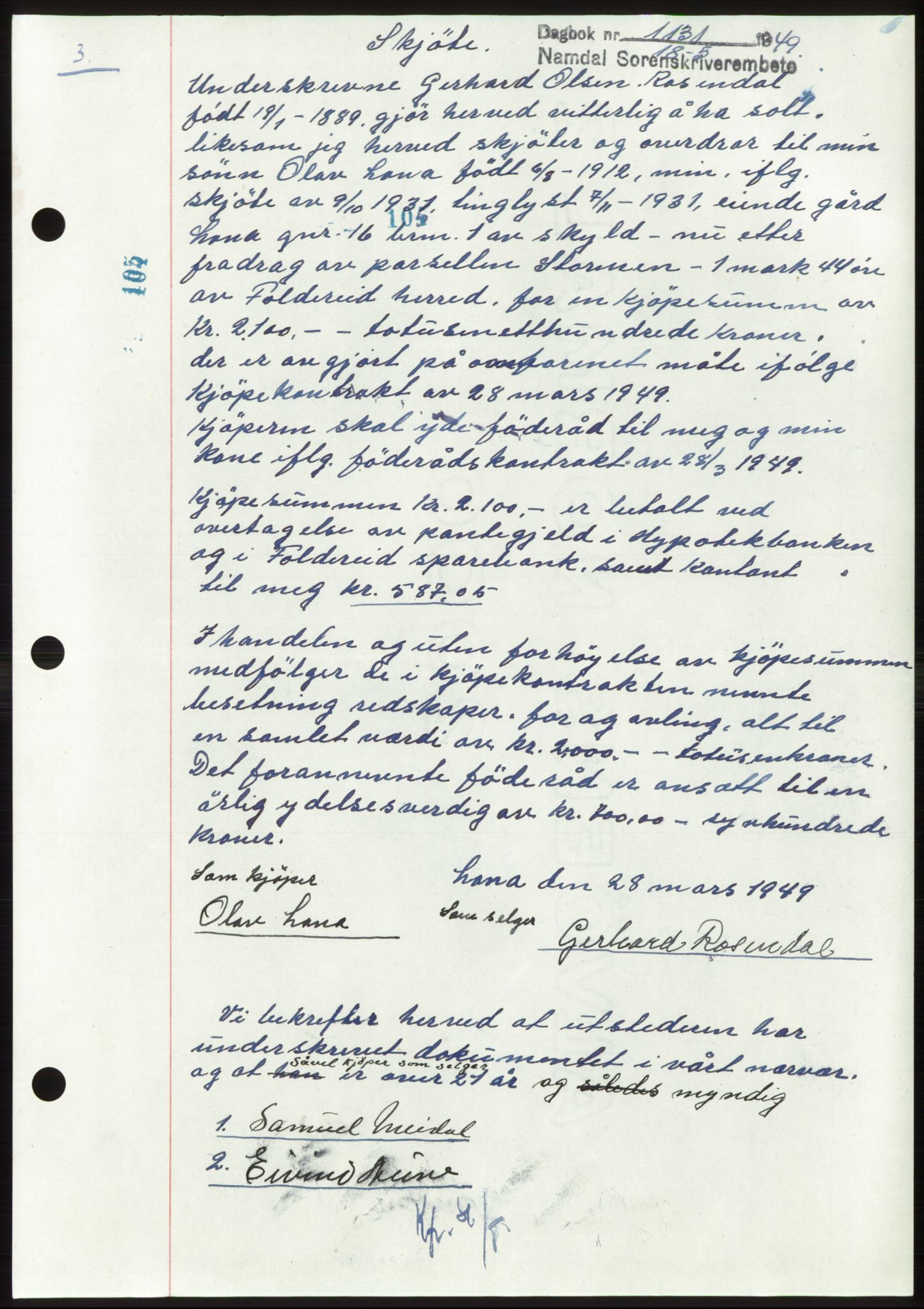 Namdal sorenskriveri, SAT/A-4133/1/2/2C: Pantebok nr. -, 1949-1949, Dagboknr: 1131/1949