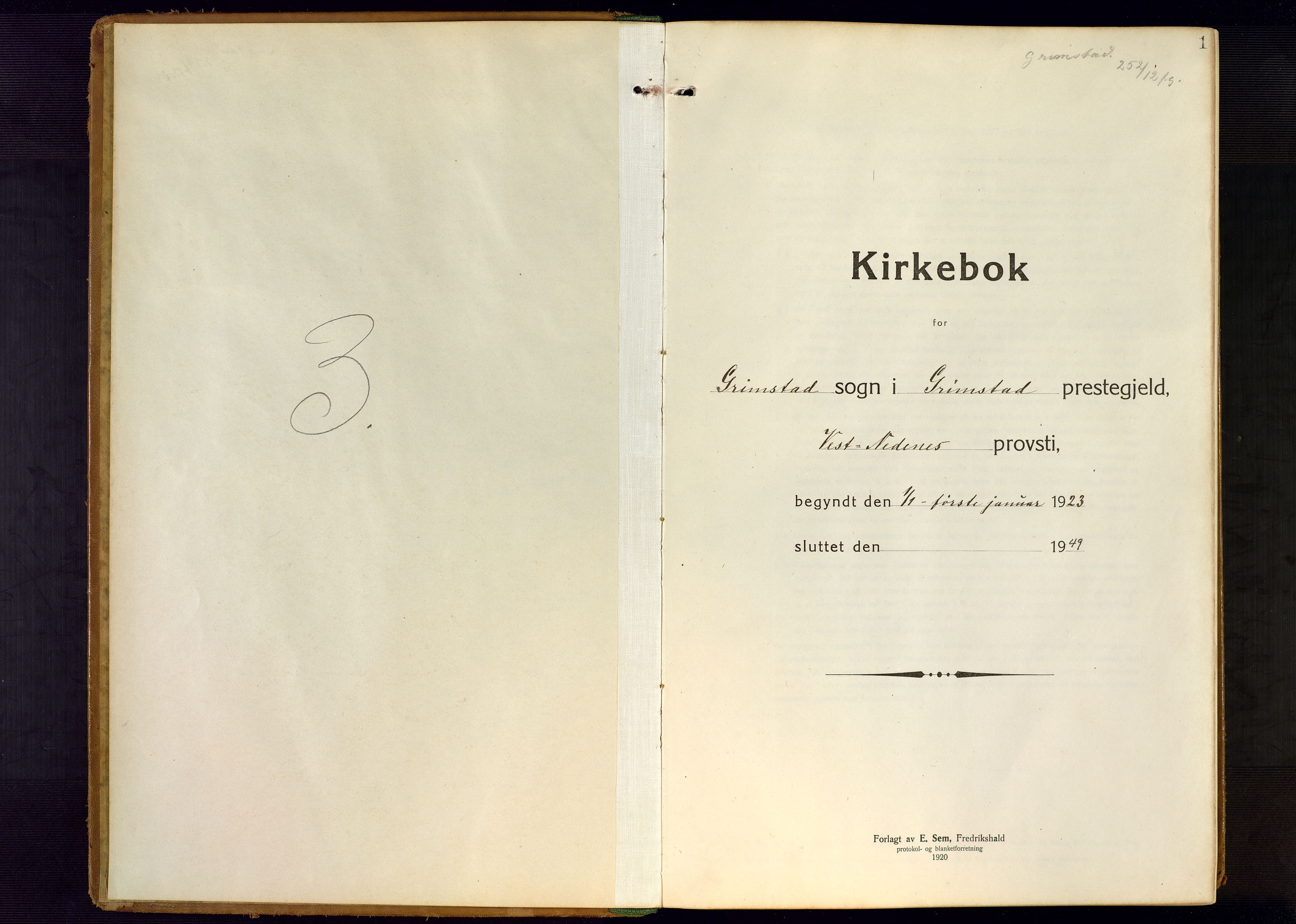 Grimstad sokneprestkontor, SAK/1111-0017/F/Fb/L0002: Klokkerbok nr. B 2, 1923-1949, s. 1